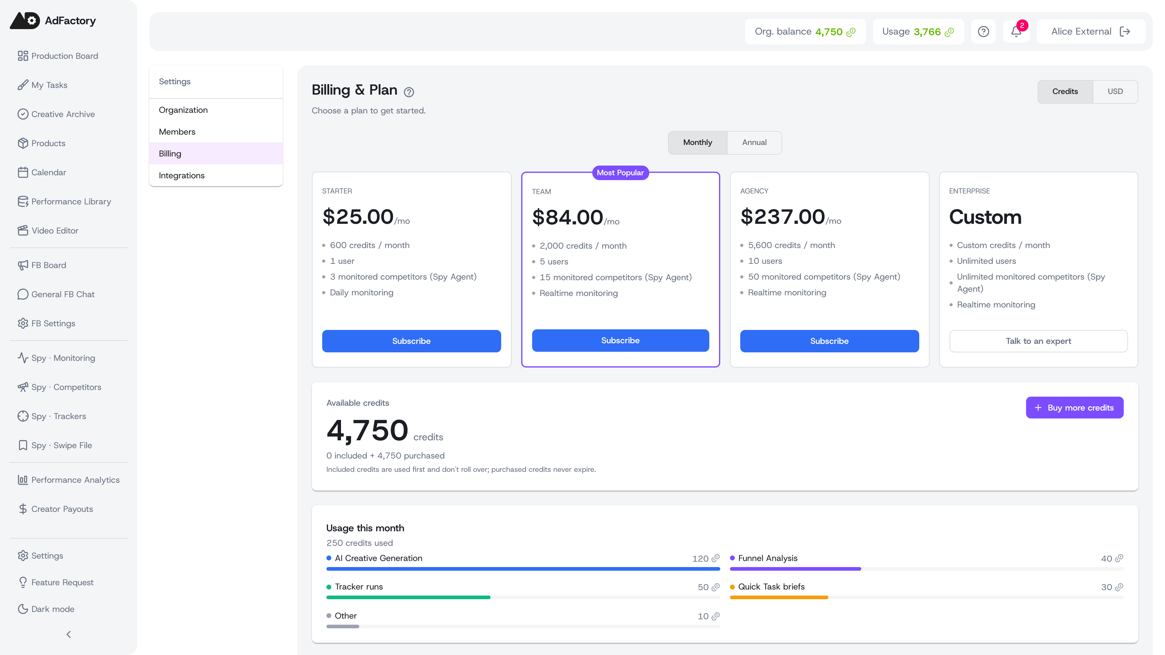 Compare plans, subscribe, and top up credits under Settings, Billing
