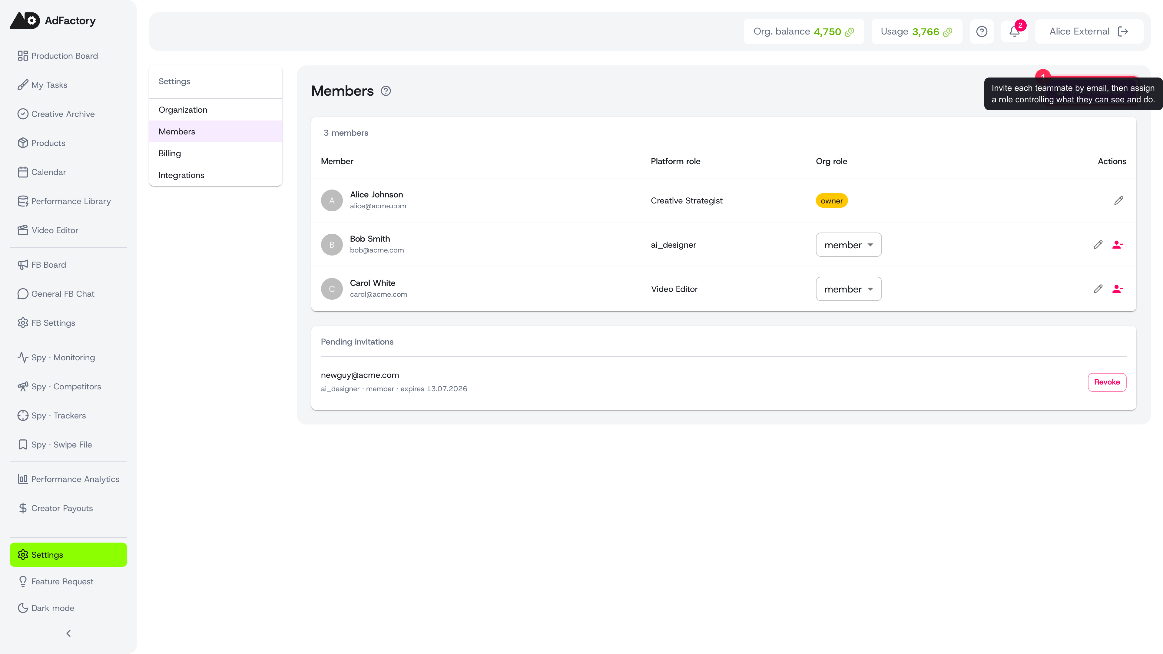 Invite teammates by email and assign roles under Settings, Members
