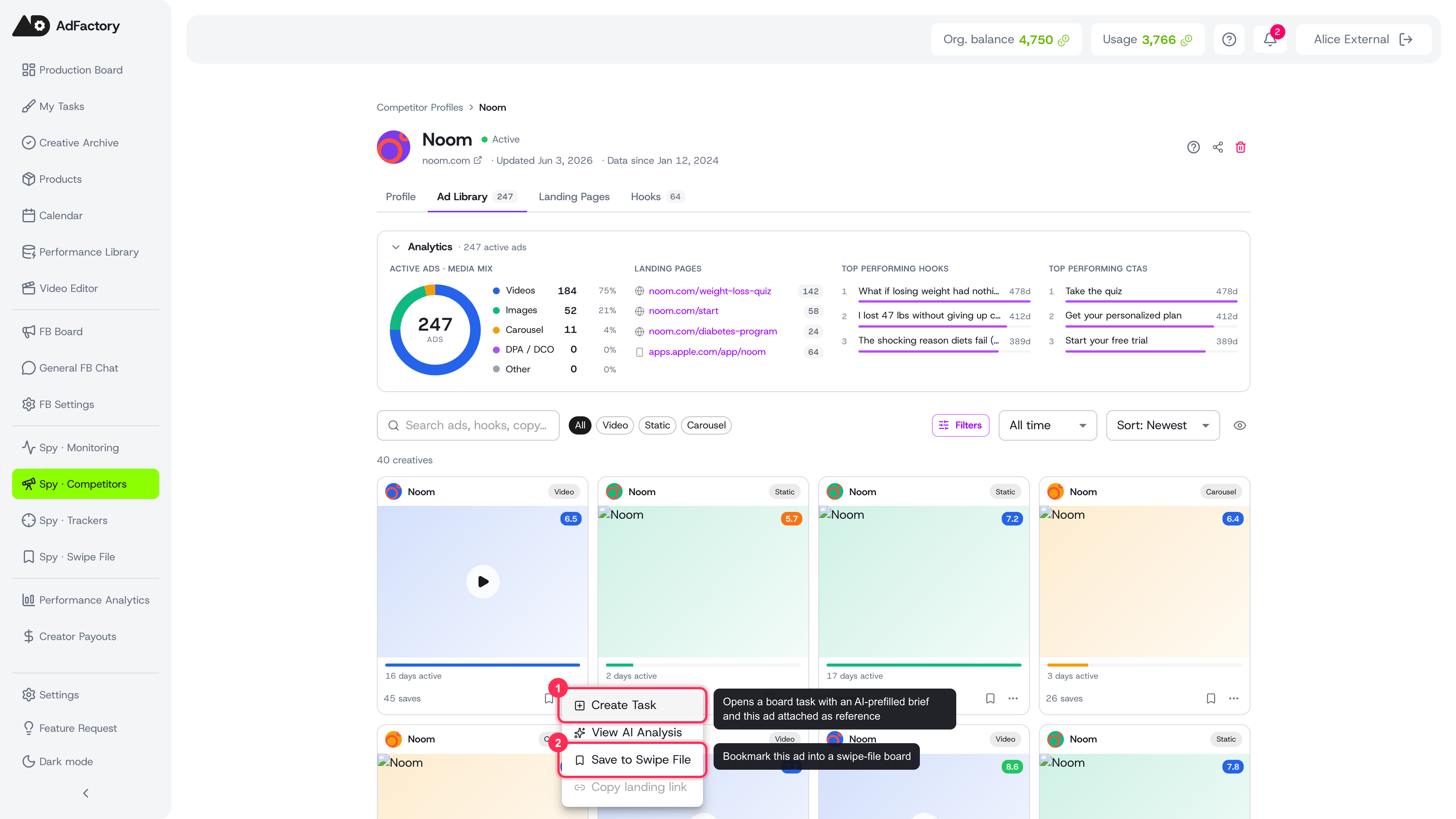 The card overflow menu: Create Task, View AI Analysis, and Save to Swipe File