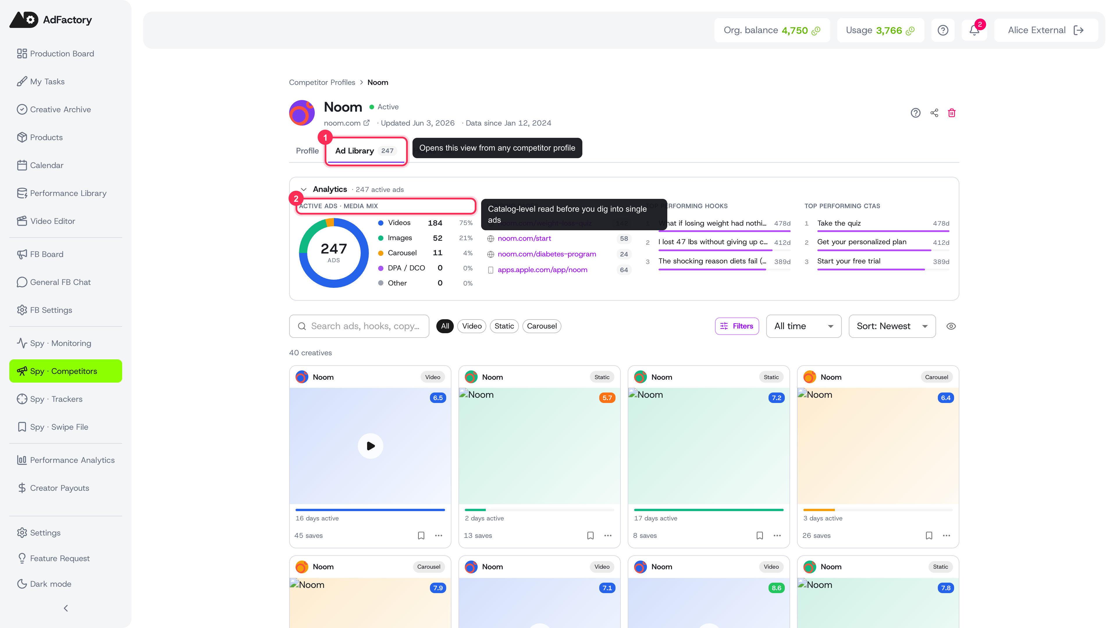A competitor's ad library: analytics summary on top, filter toolbar, then the full grid of running creatives