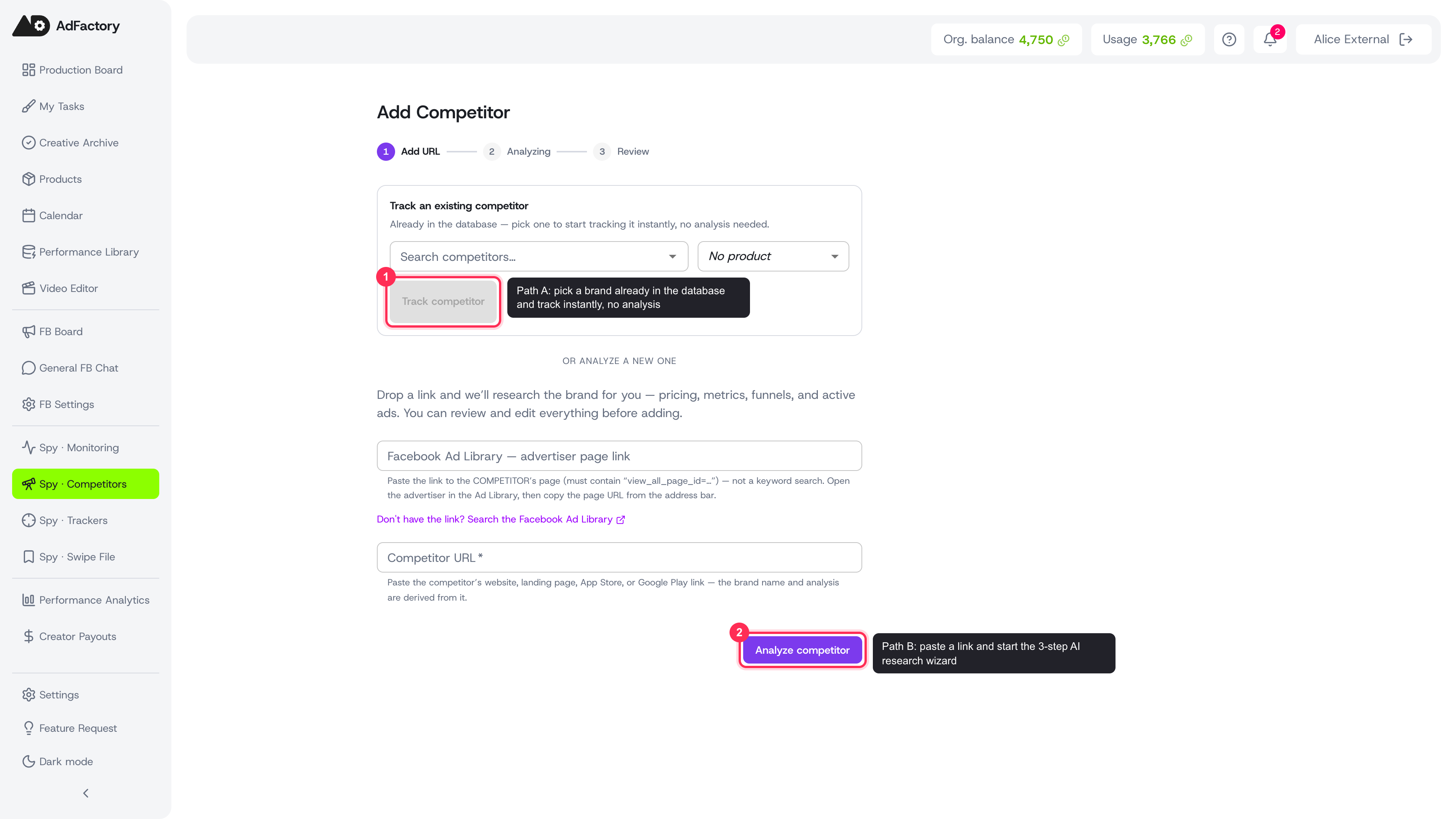 The Add Competitor screen with both paths: track an existing brand or paste a link to analyze a new one