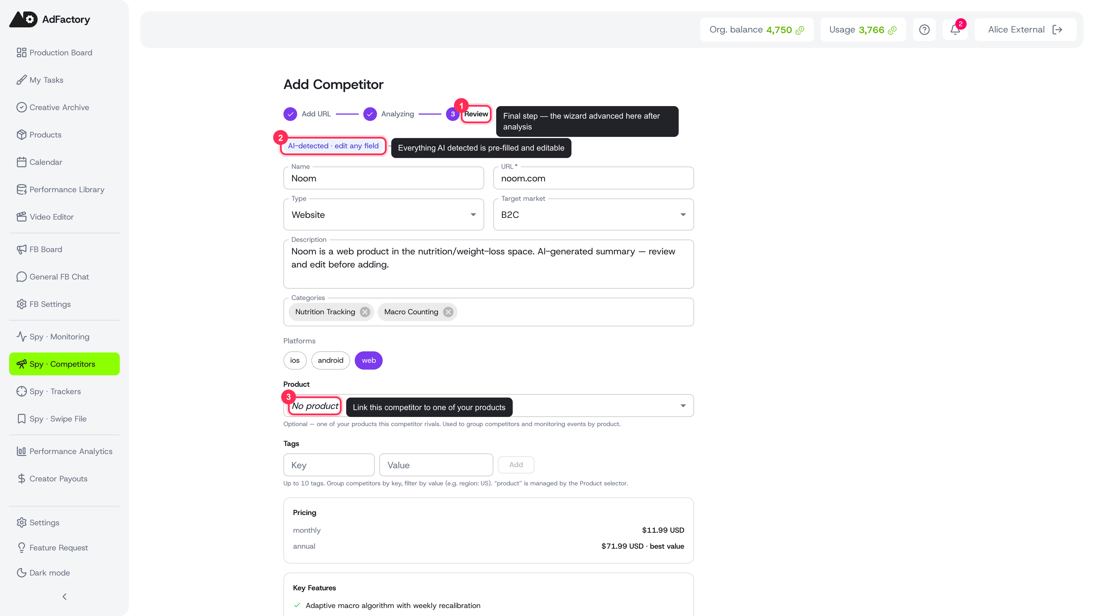 The Step 3 review form: AI fills in name, type, target market, categories, pricing and more — review and edit, then Add Competitor