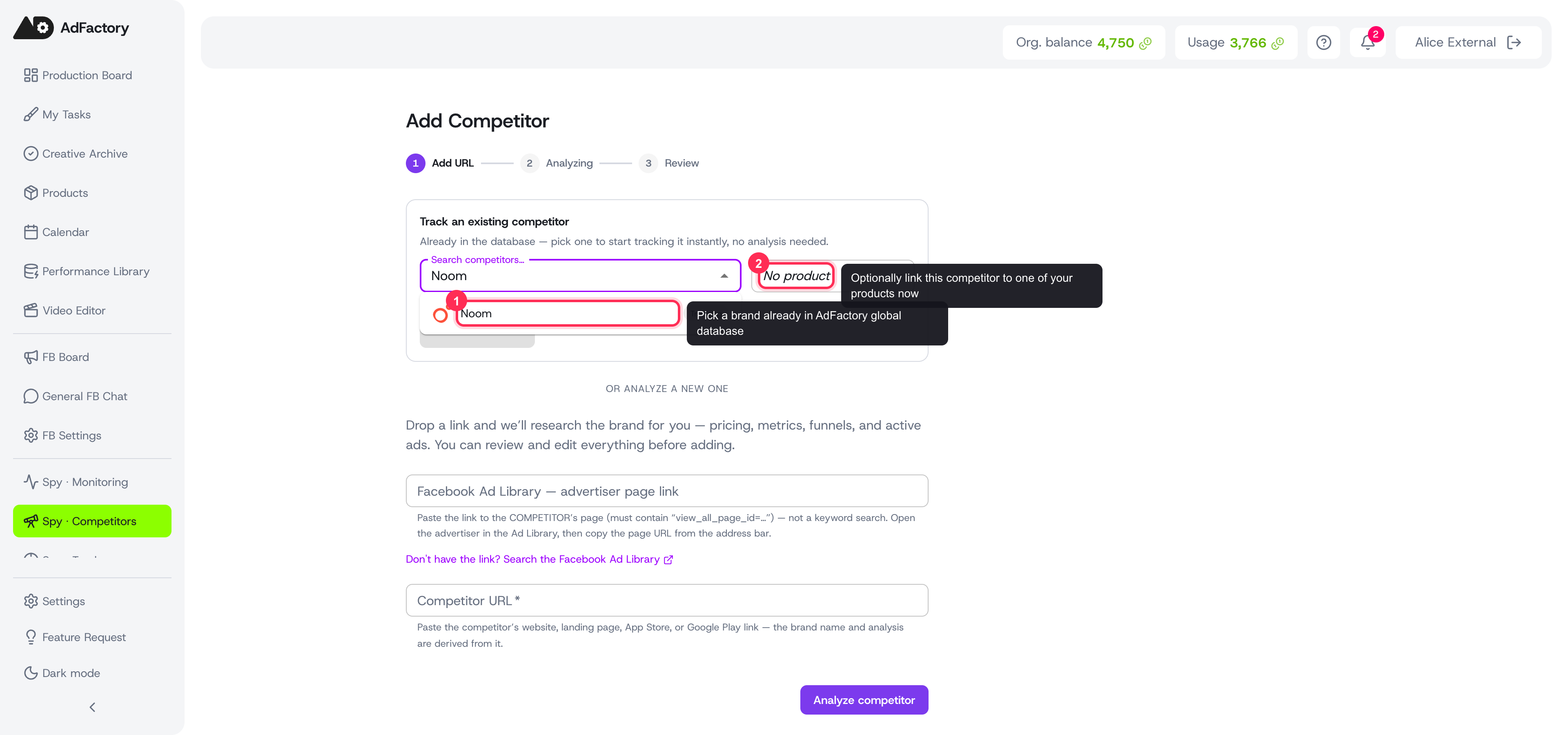 Start typing a brand name to find competitors already in the database, then track them in one click
