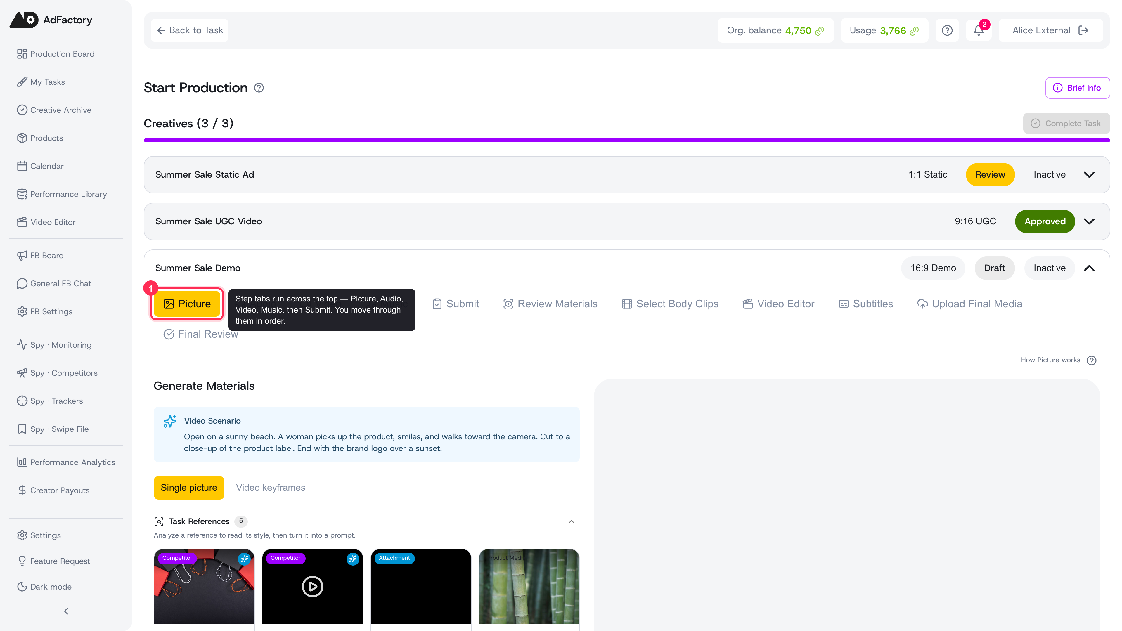 The creative editor is a step-by-step flow, with each kind of media as a tab across the top