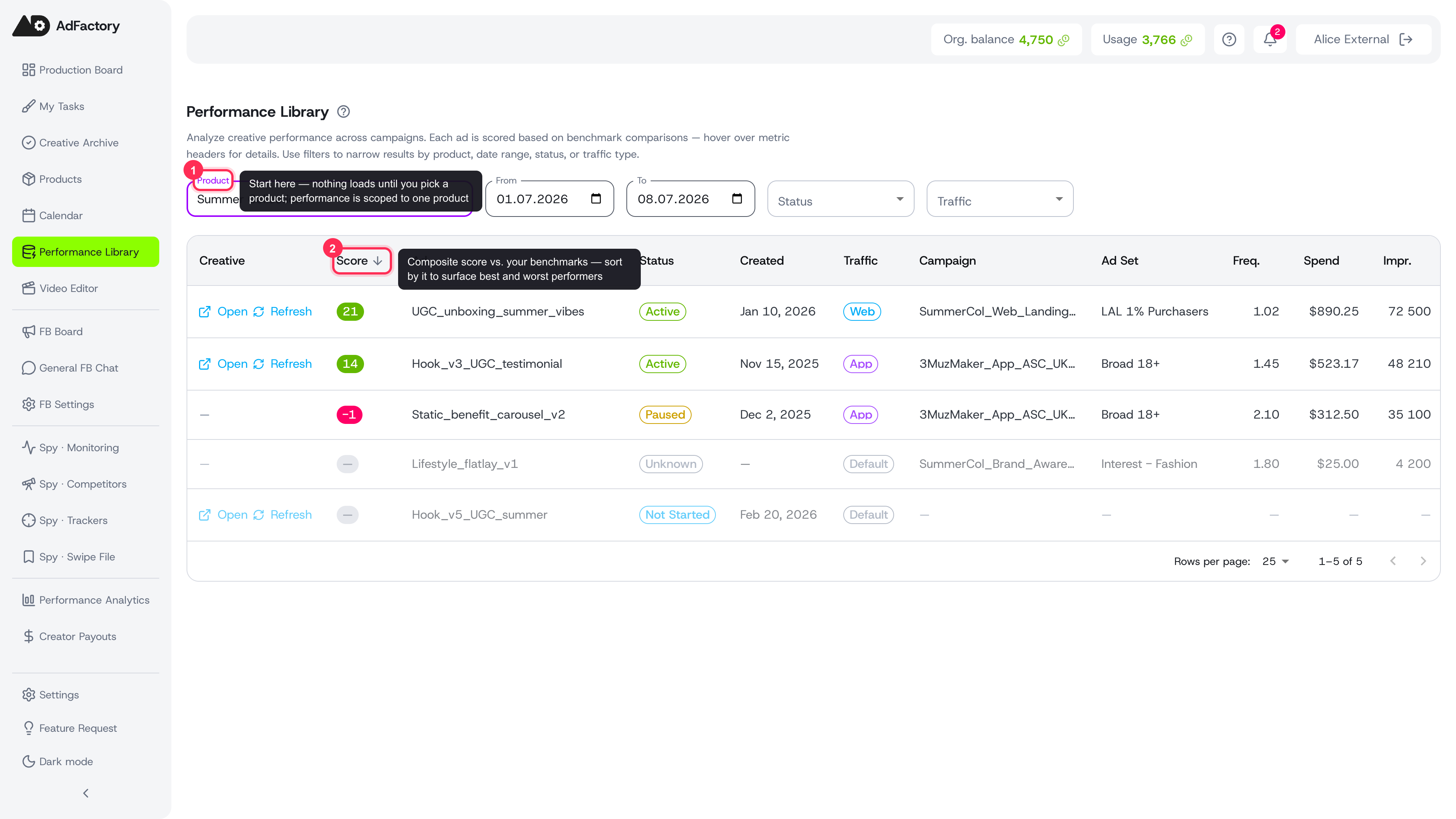 Pick a product and date range to load a scored, sortable table of every ad's real campaign performance