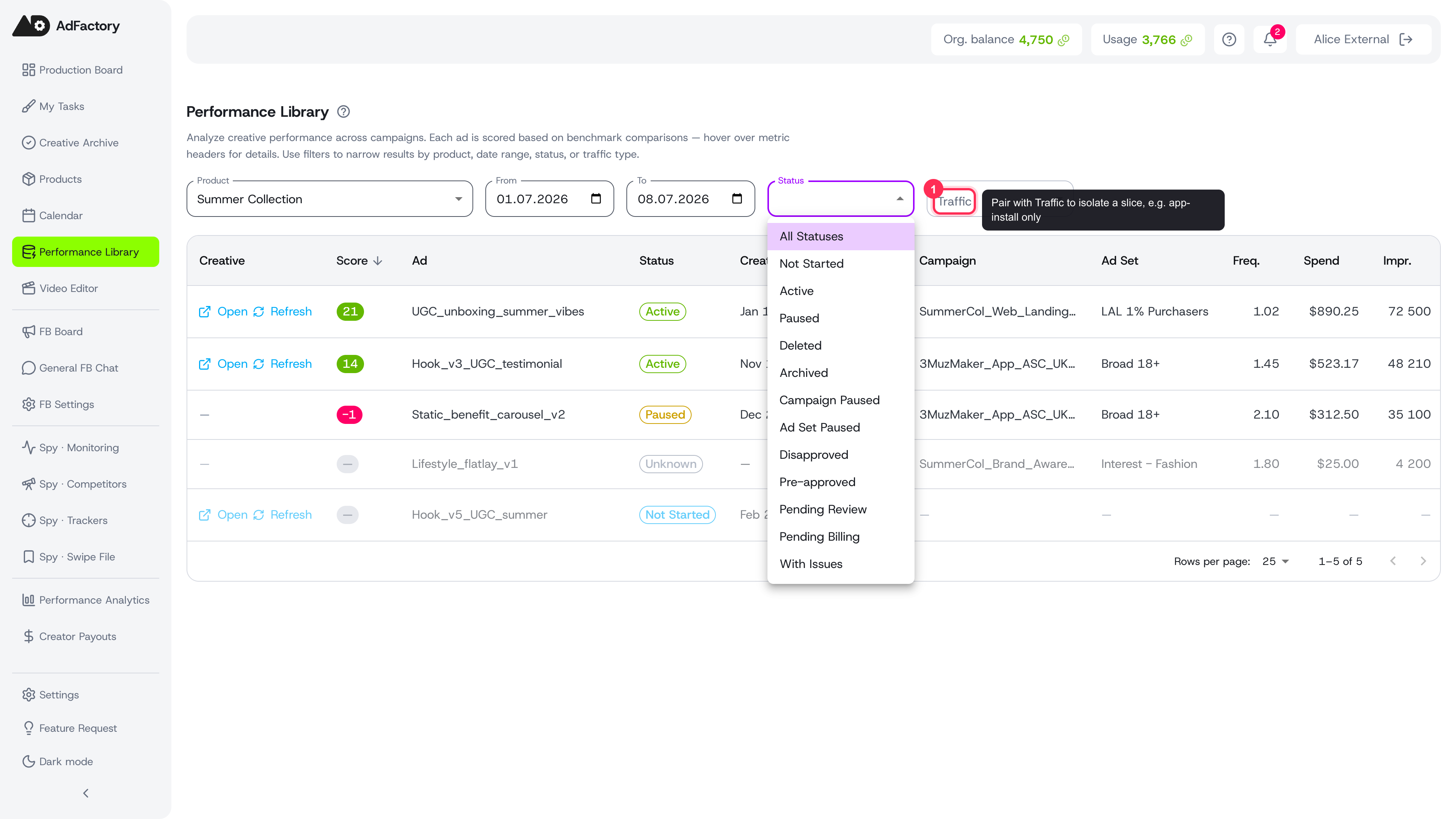 The Status dropdown open with delivery states, alongside the Traffic filter