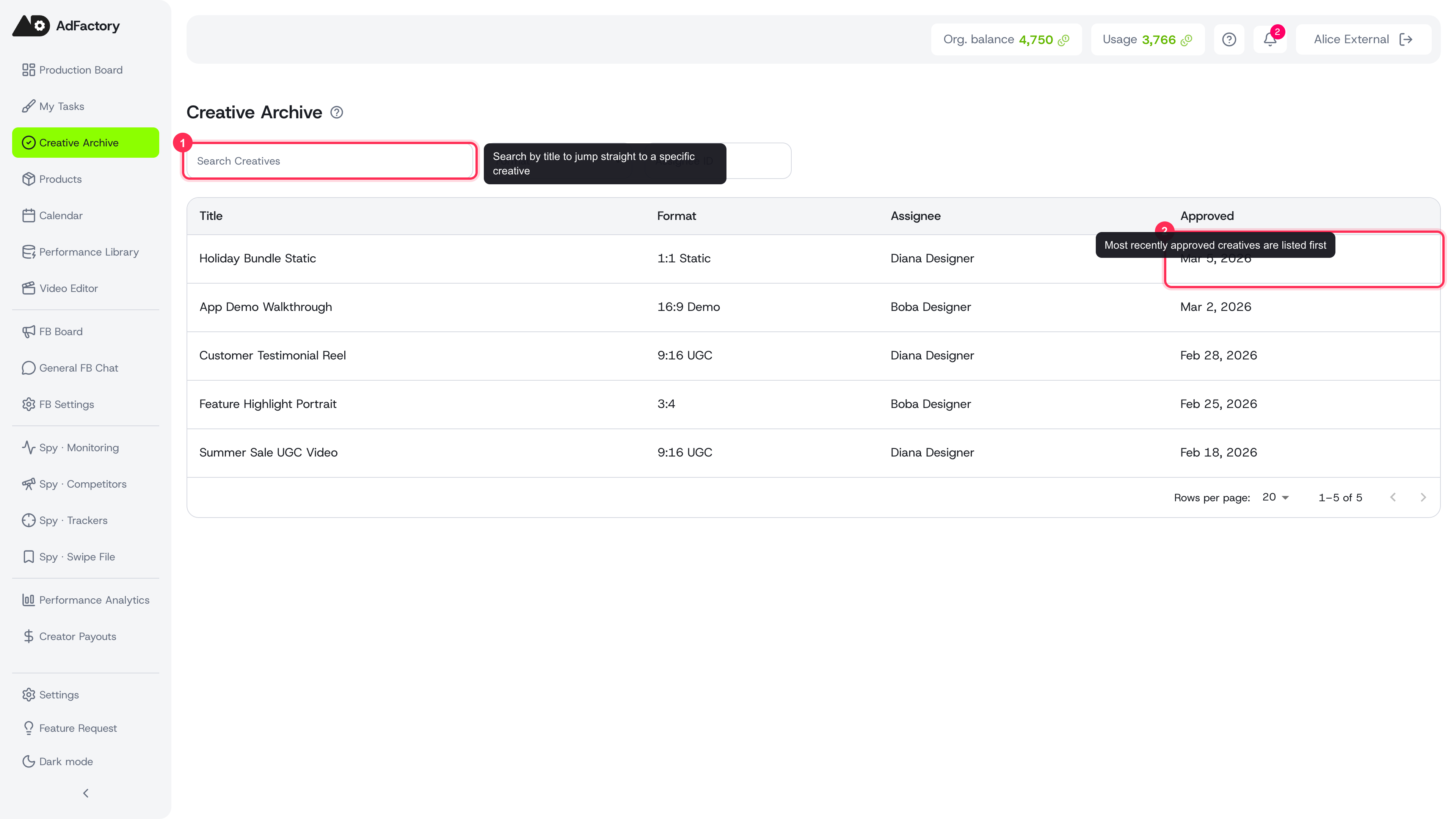 The Creative Archive collects every approved creative in one searchable, filterable list
