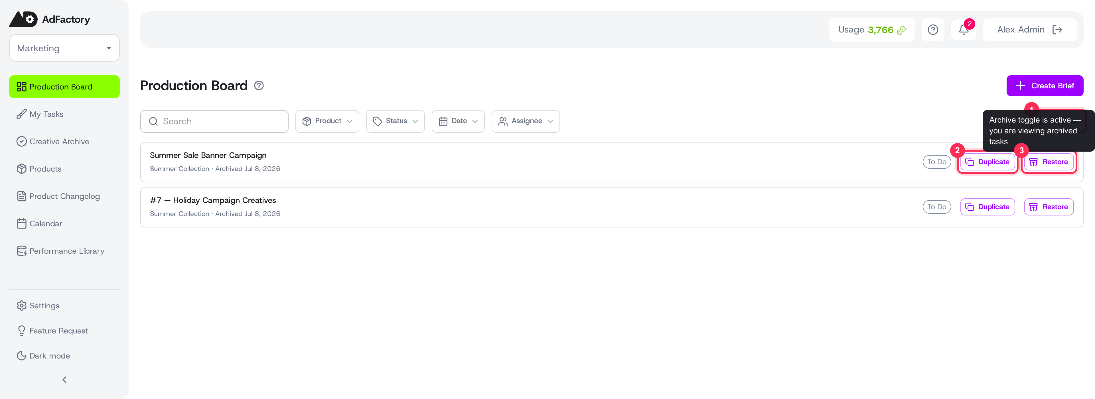 The Archive view listing archived tasks, each with Duplicate and Restore actions