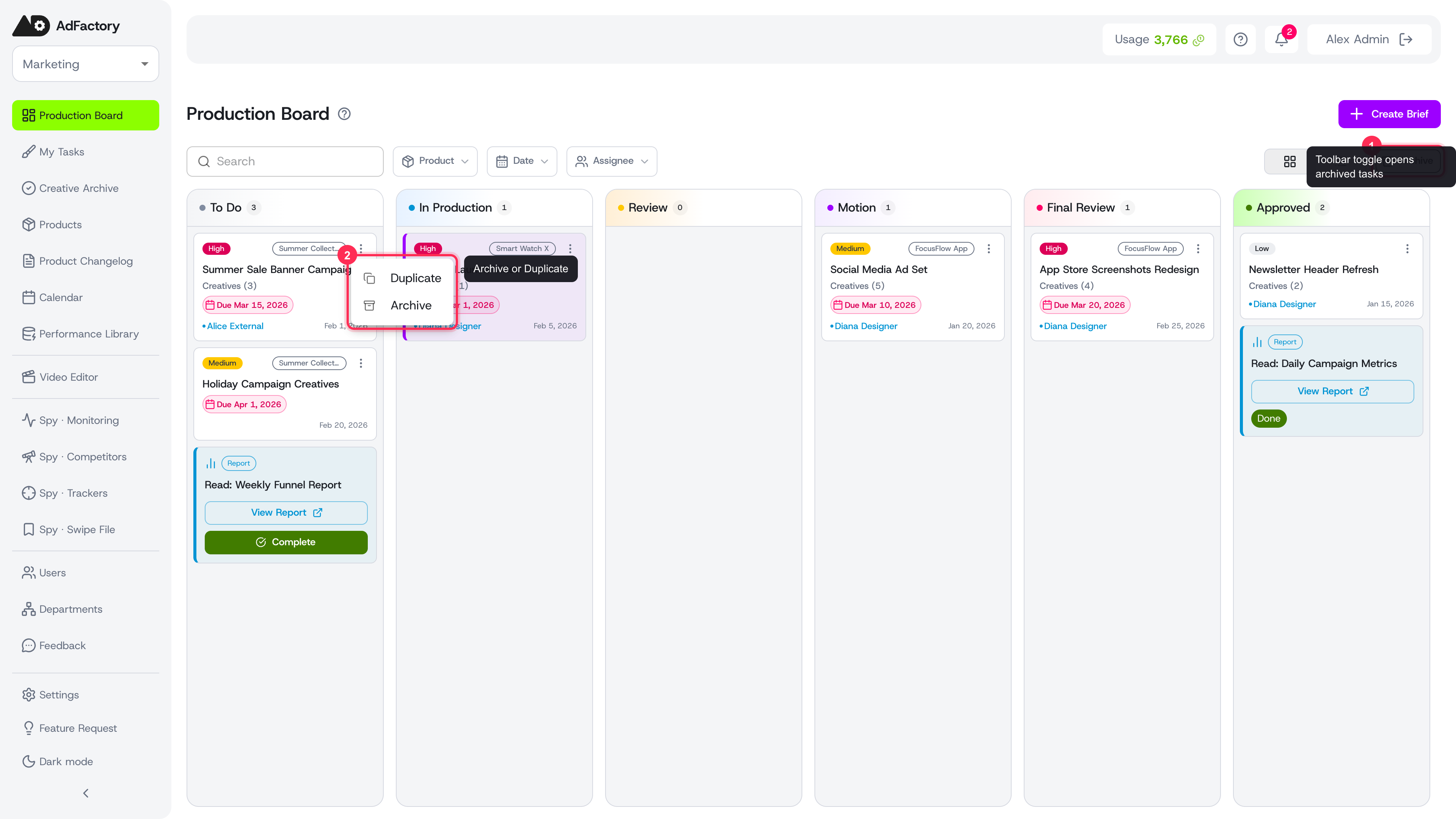 The task card ⋮ menu with Archive and Duplicate, plus the toolbar Archive toggle