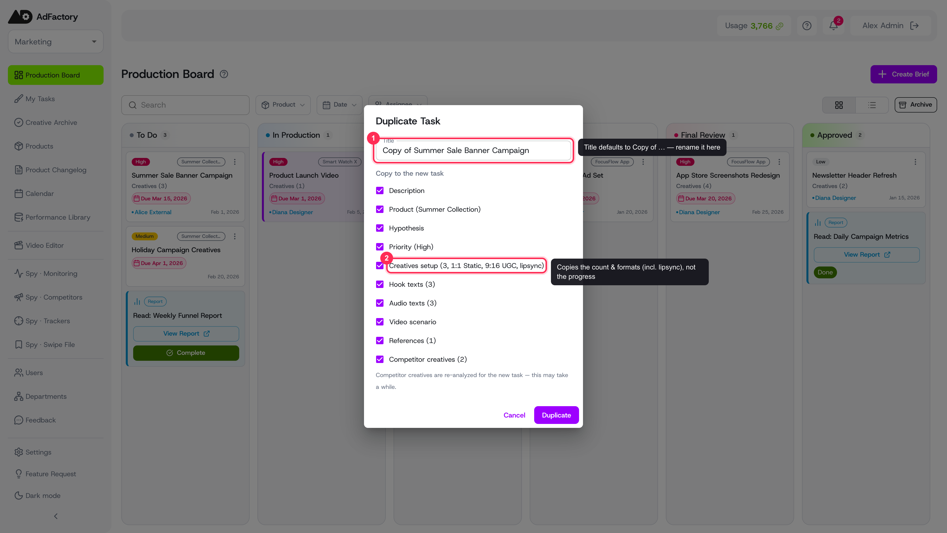 The Duplicate Task dialog with a Copy of … title and per-field copy checkboxes