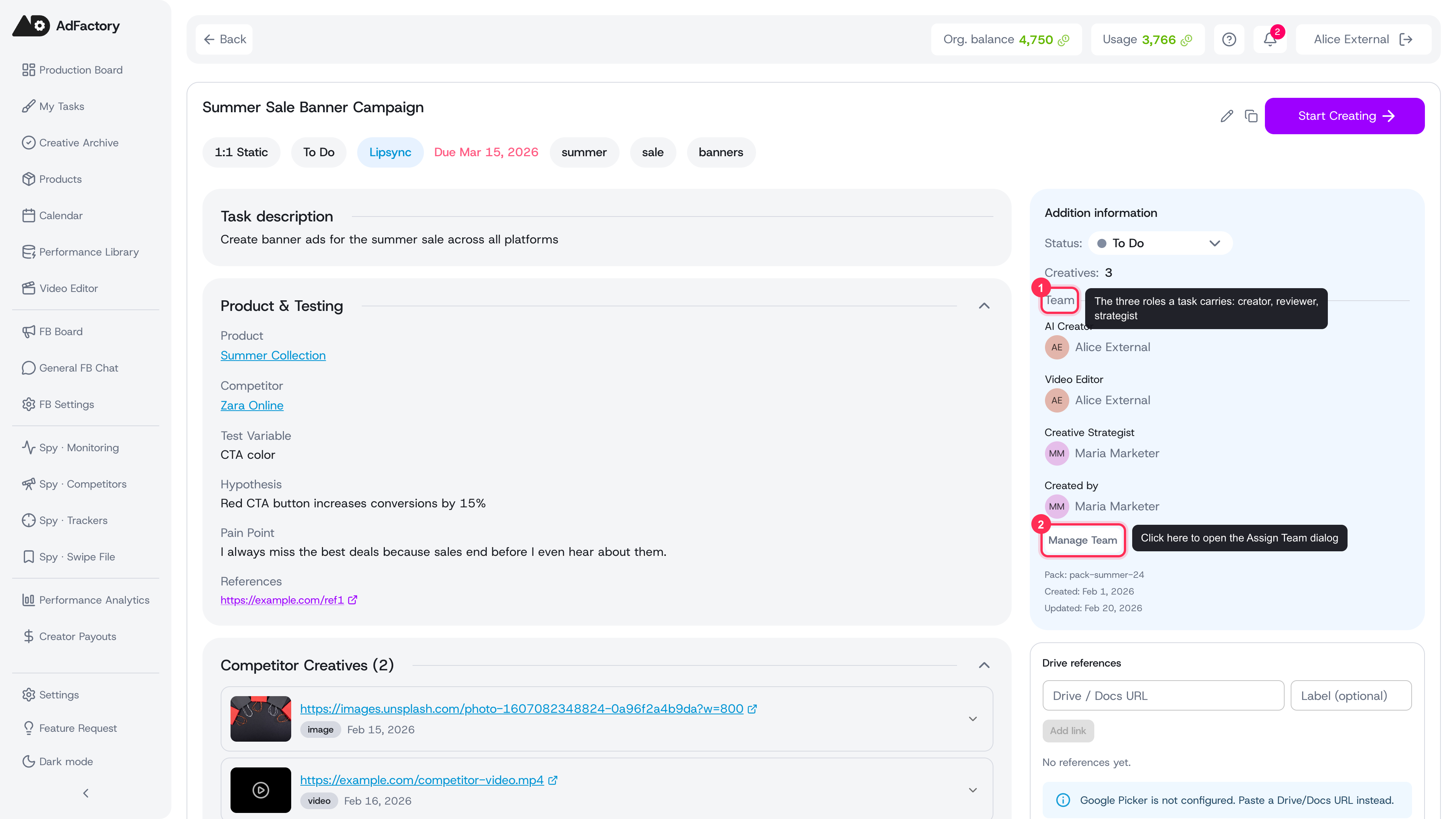 A task's Team panel on the right, with the Manage Team button that opens the assignment dialog