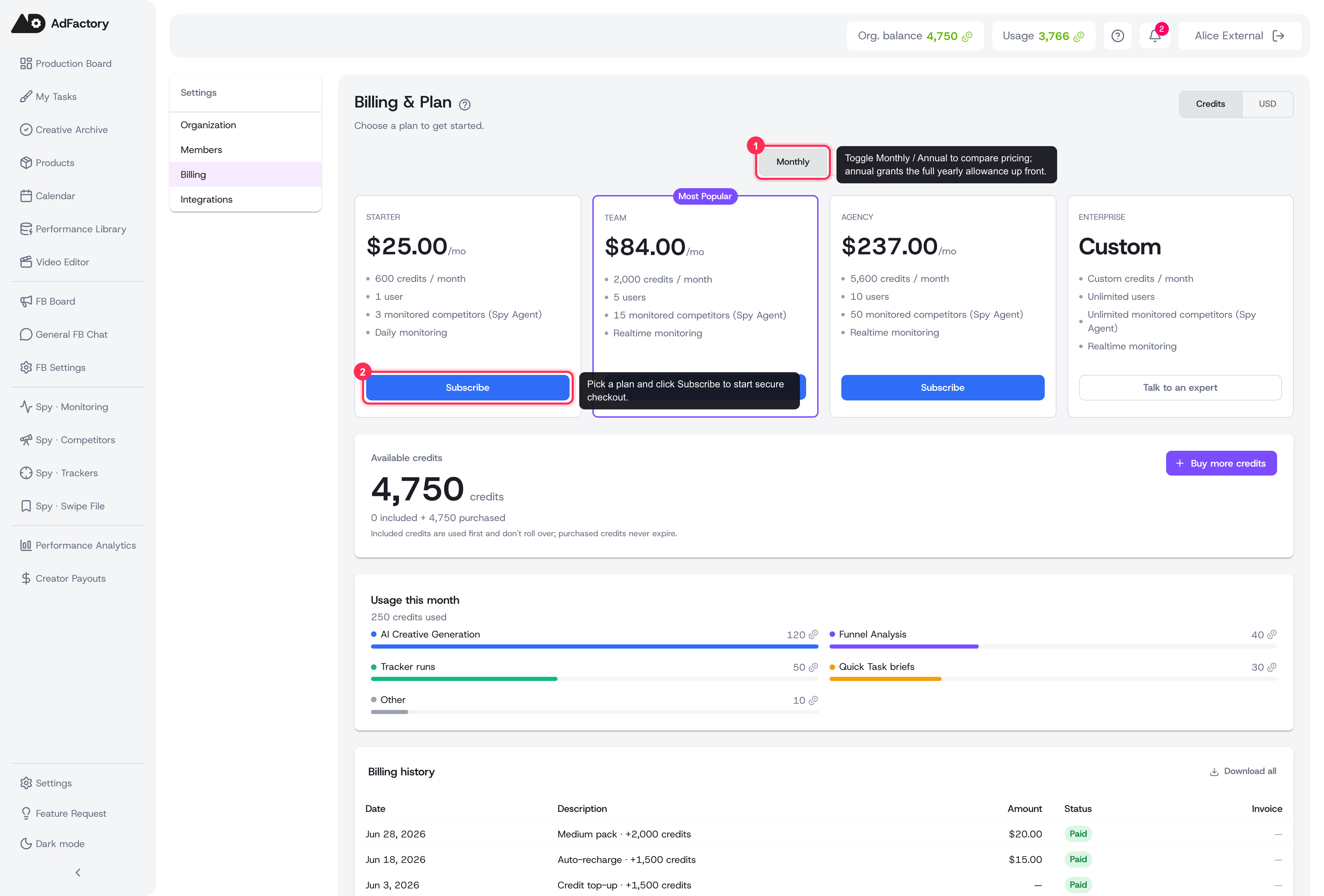 The Billing & Plan page: compare tiers, toggle Monthly / Annual, and subscribe