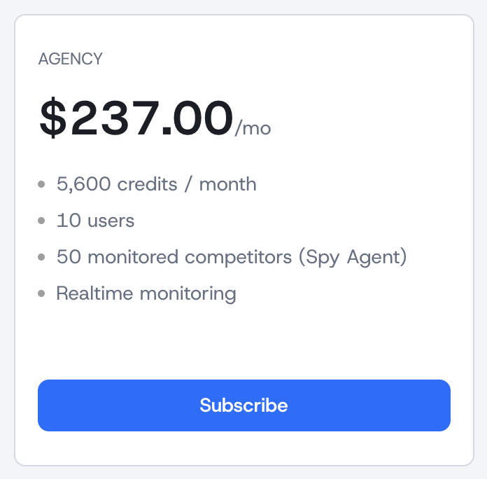 A single plan card showing credits, seats, and competitor limits