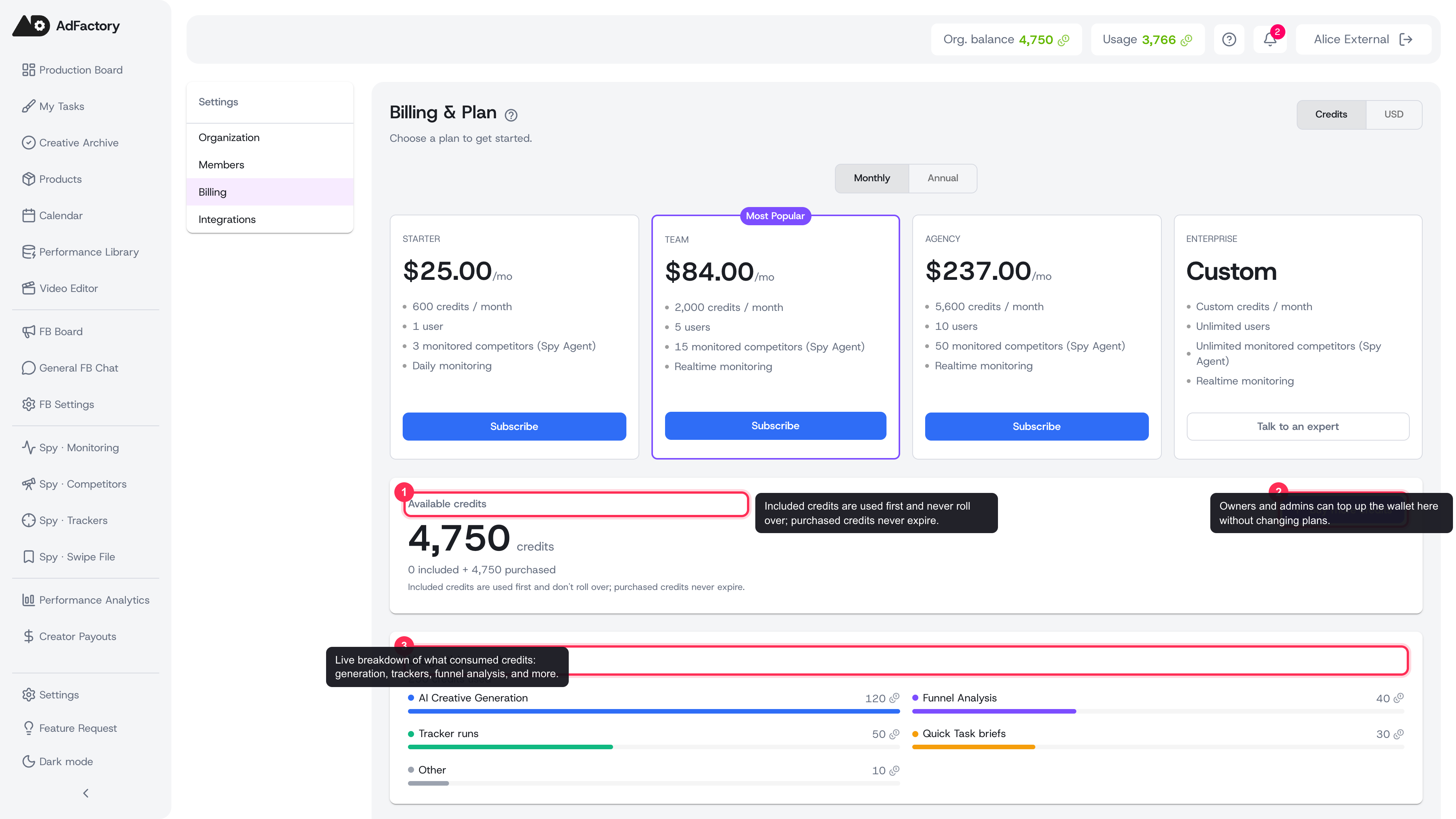 Your credit wallet and this month's usage breakdown, with the Buy more credits action