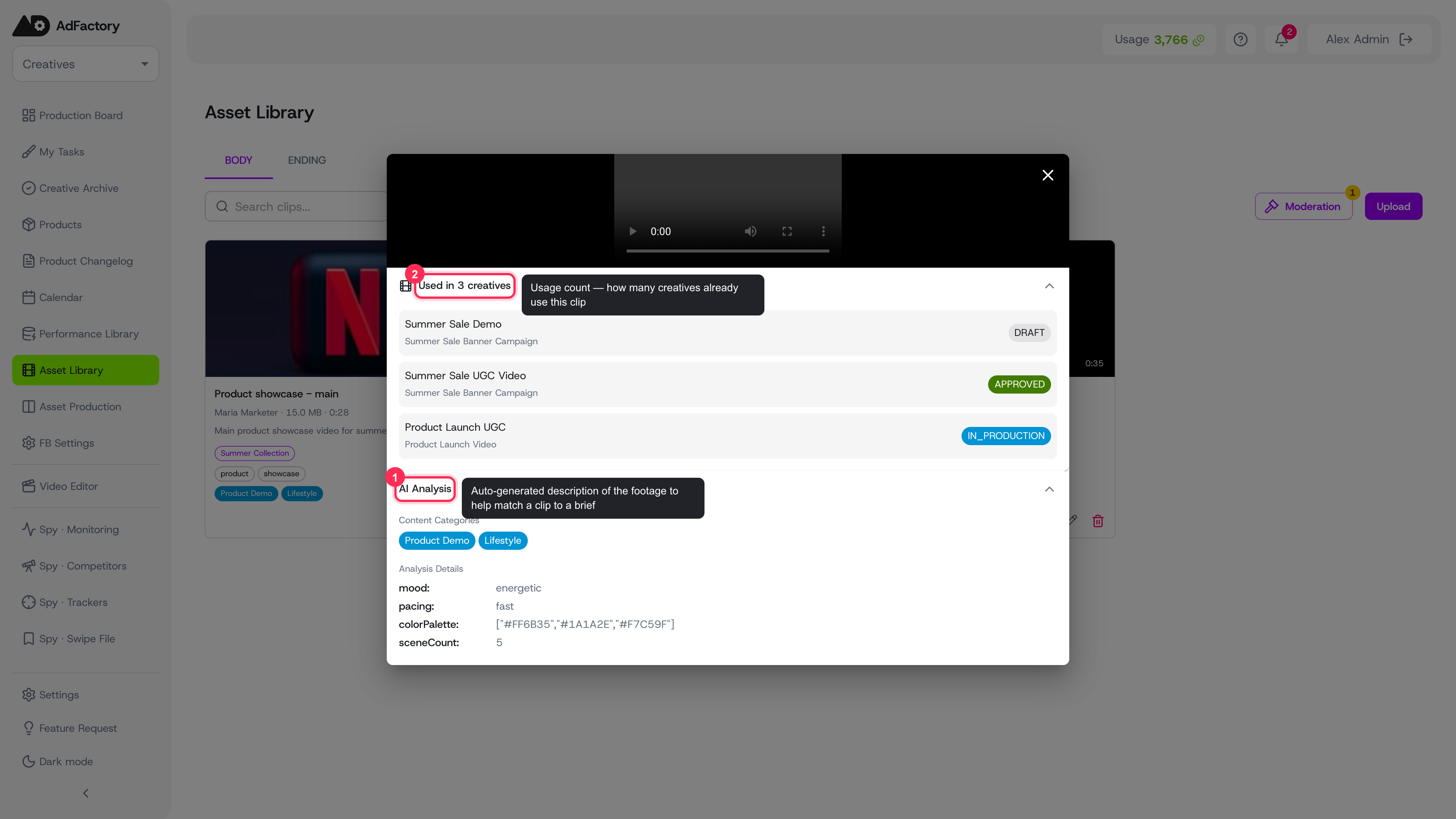 Open any clip for a full preview: the video, a usage count with the creatives that use it, and an AI analysis of content categories, mood, pacing, and colors