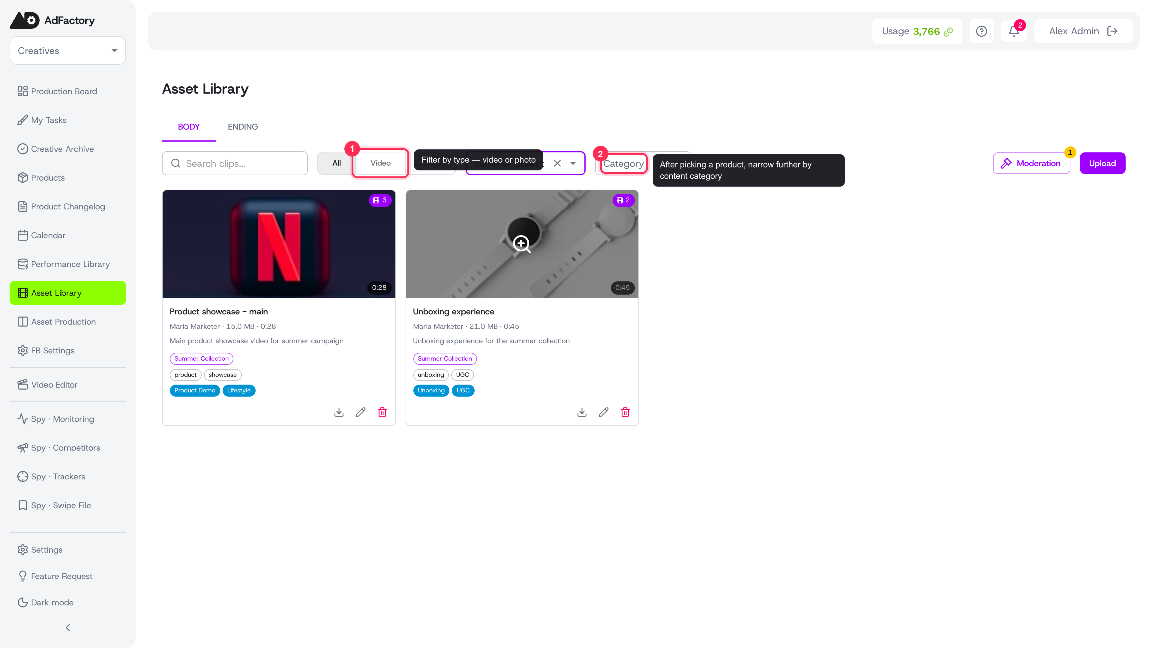 Narrow the library by title search, type (video/photo), product, and content category