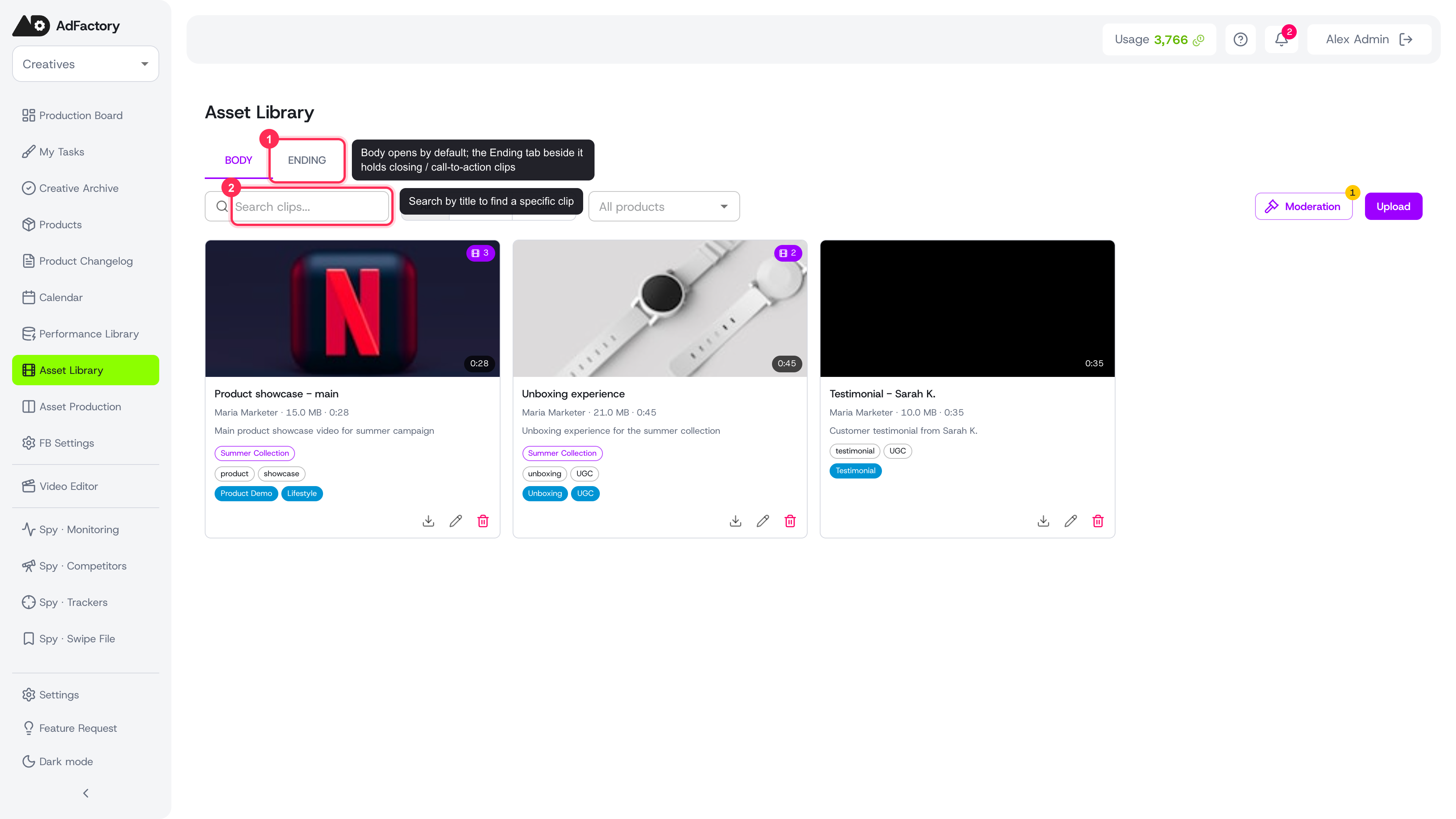 The body clips library opens on the Body tab, with an Ending tab alongside; each clip is a card with thumbnail, title, tags, type, and duration