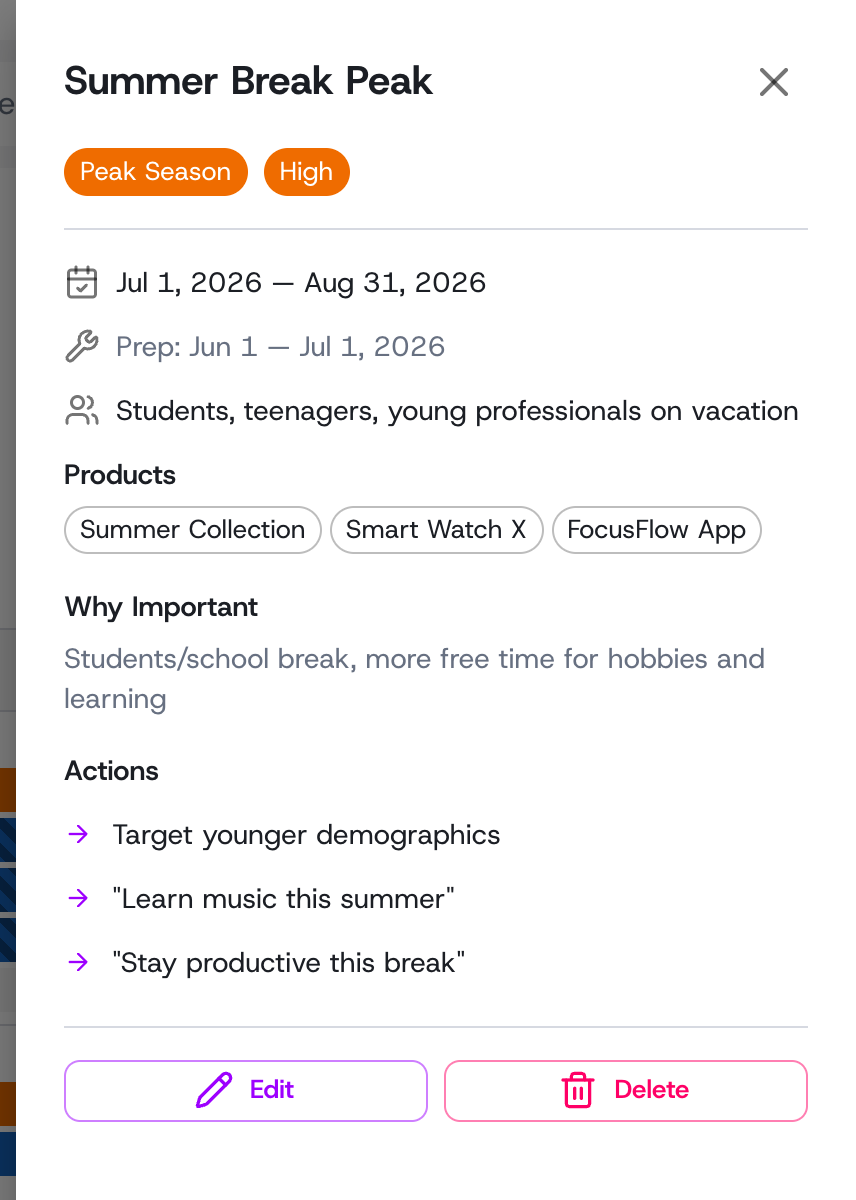 An event's detail panel with its dates, type and importance, prep window, audience, products, and the actions to produce