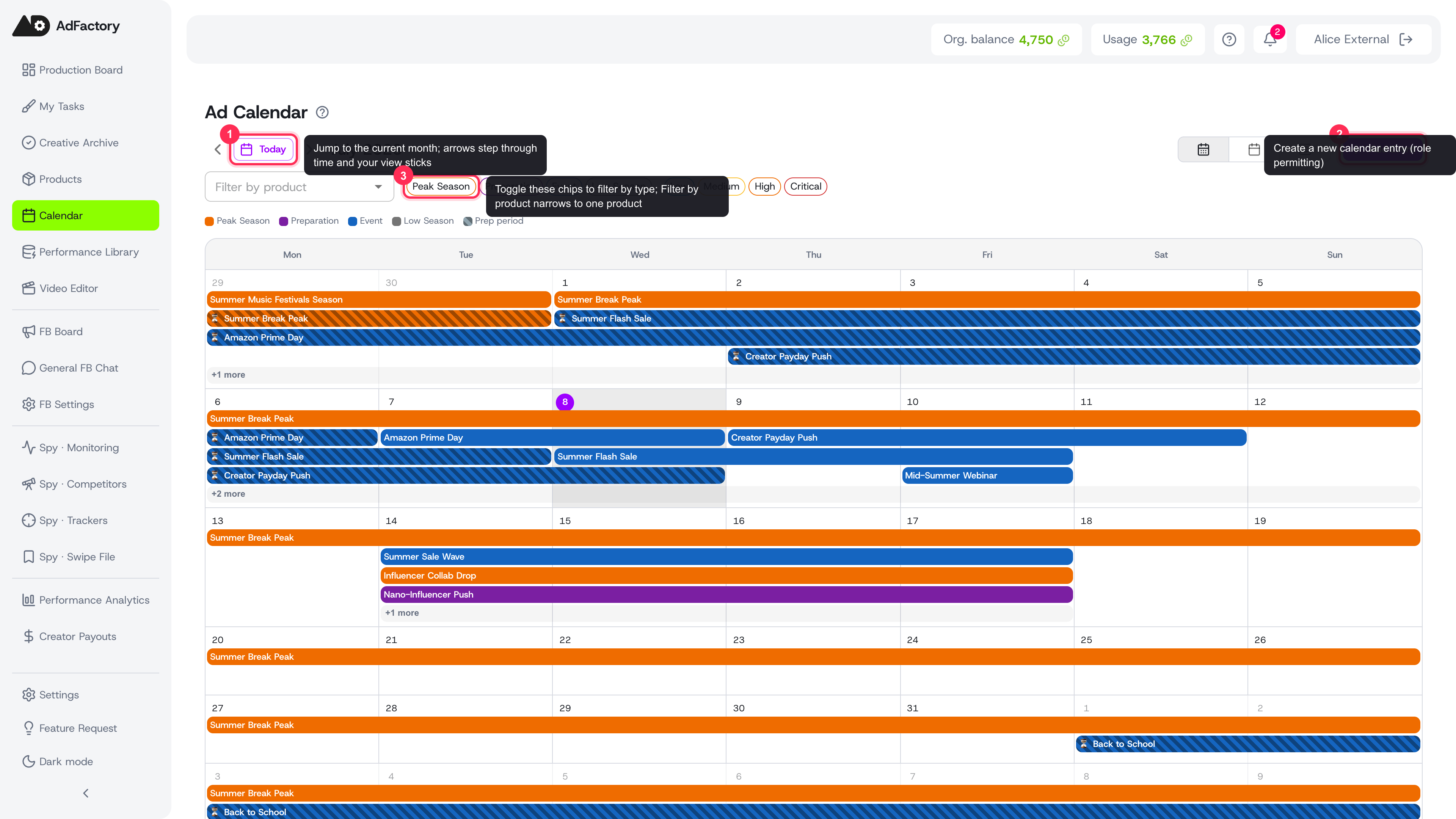 The Ad Calendar in Month view: use Today and the arrows to navigate, the type chips to filter, and Add Event to create an entry