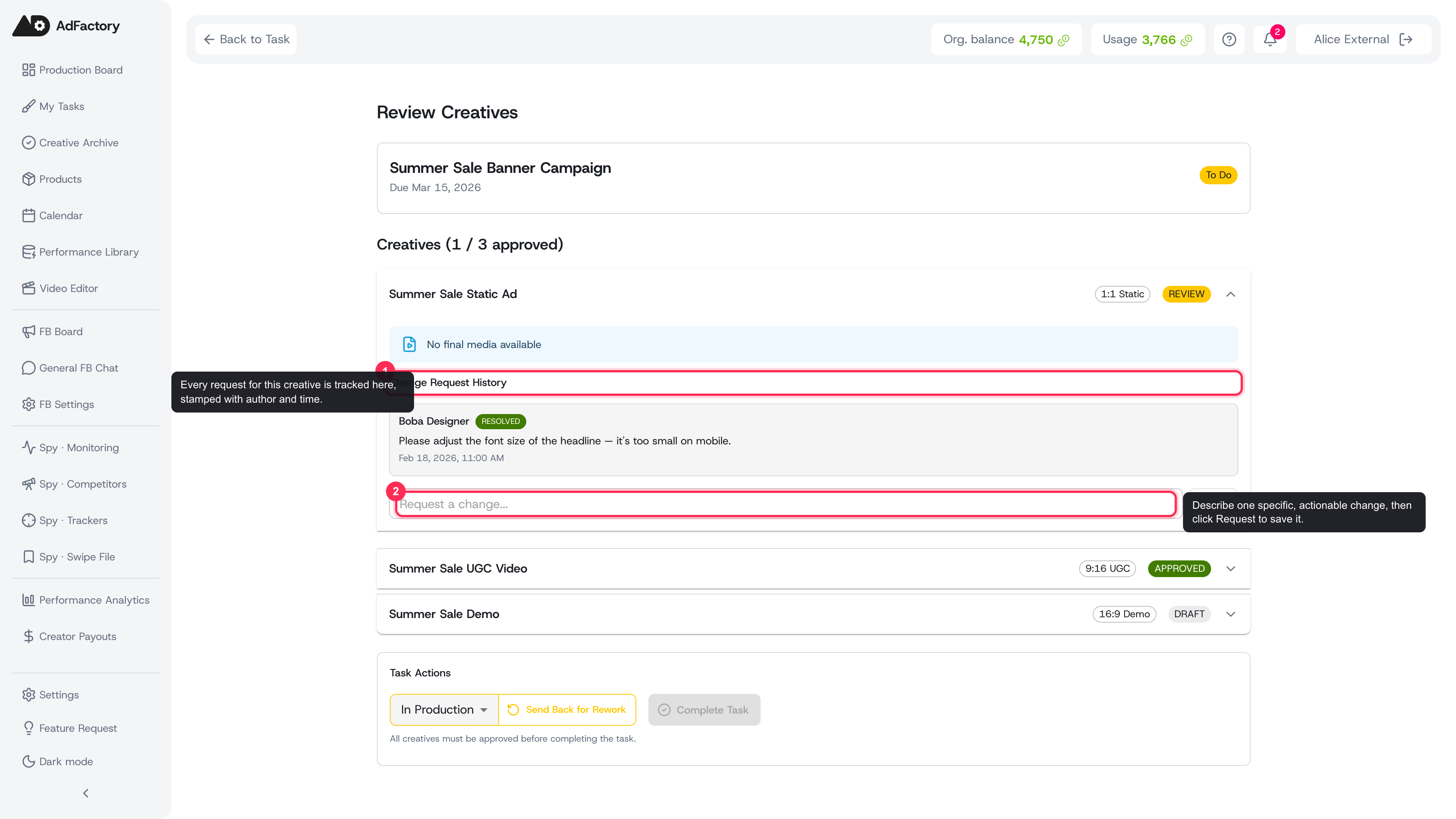 Each change request is filed and tracked on the creative, one specific ask per item