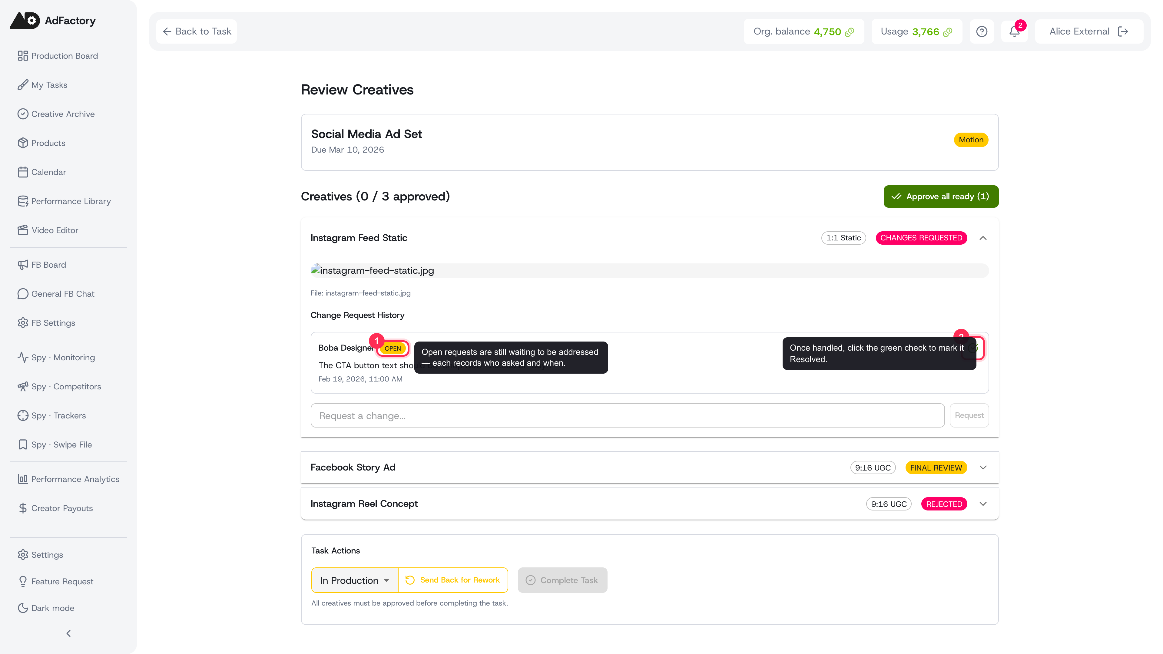 Track each request as Open or Resolved and clear them with a single click