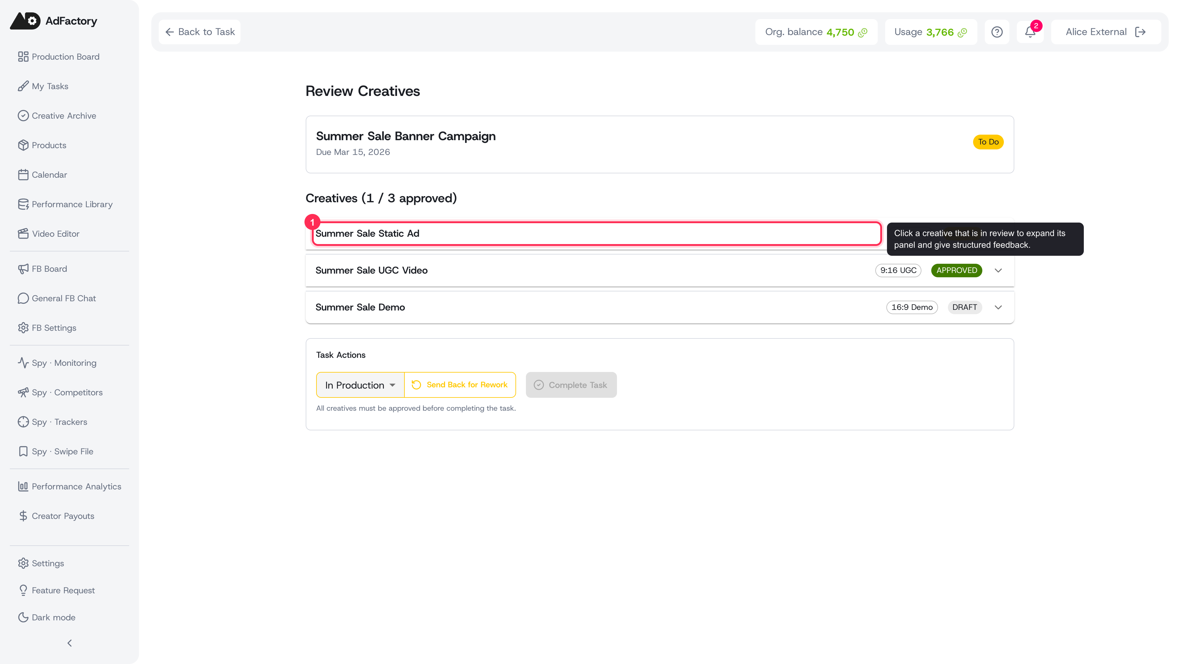 On the review view, expand a creative that is in review to give structured feedback