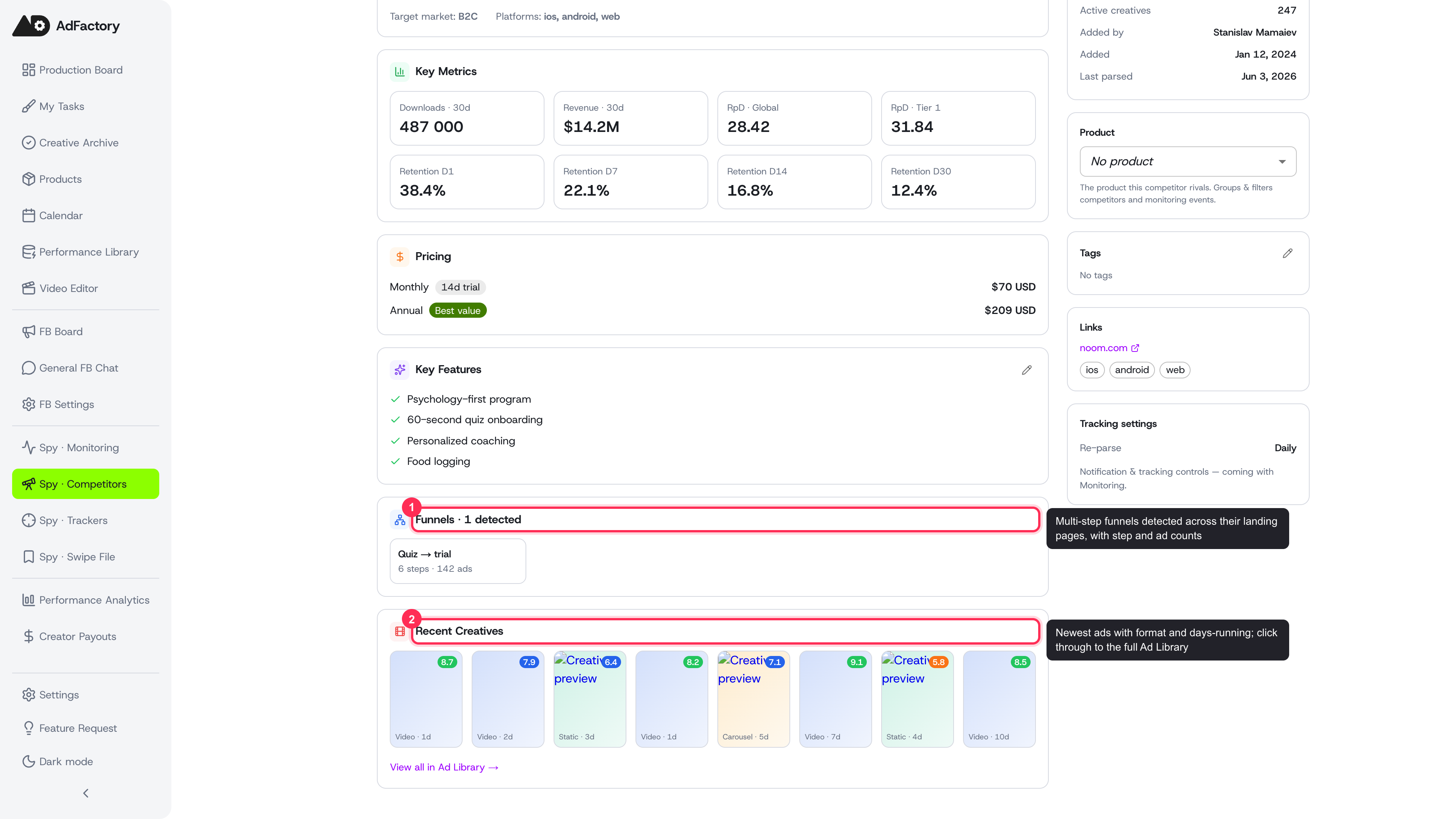 Detected funnels and a strip of the competitor's newest creatives near the bottom of the profile