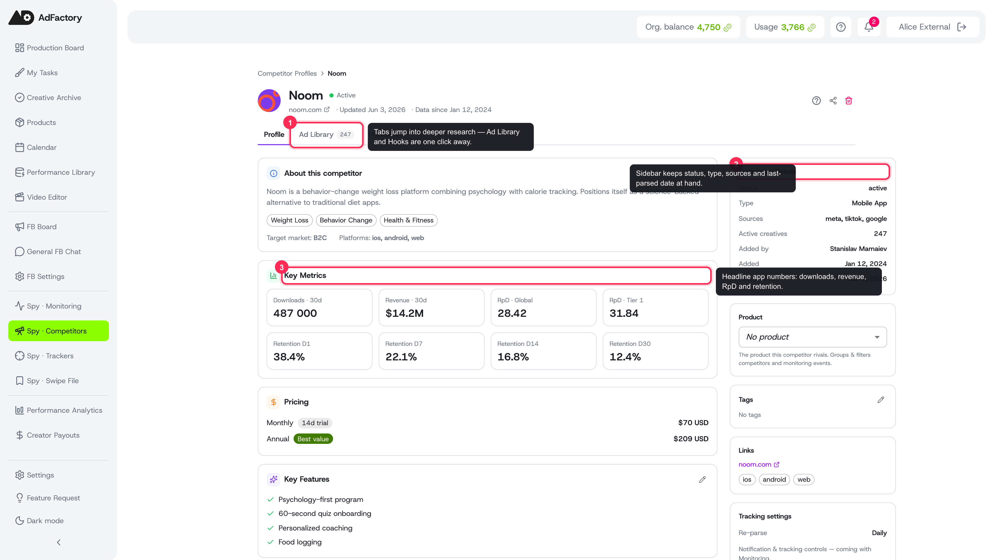 A competitor profile with the summary column, key metrics, and details sidebar in one hub