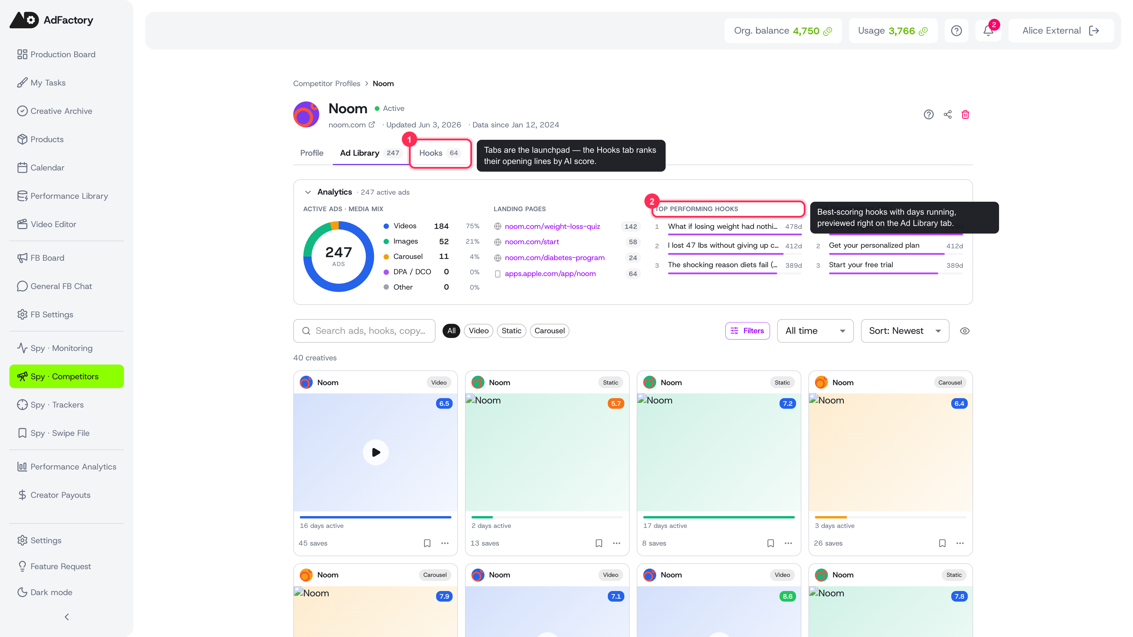 The Ad Library and Hooks tabs open deeper research, each with its own analytics block