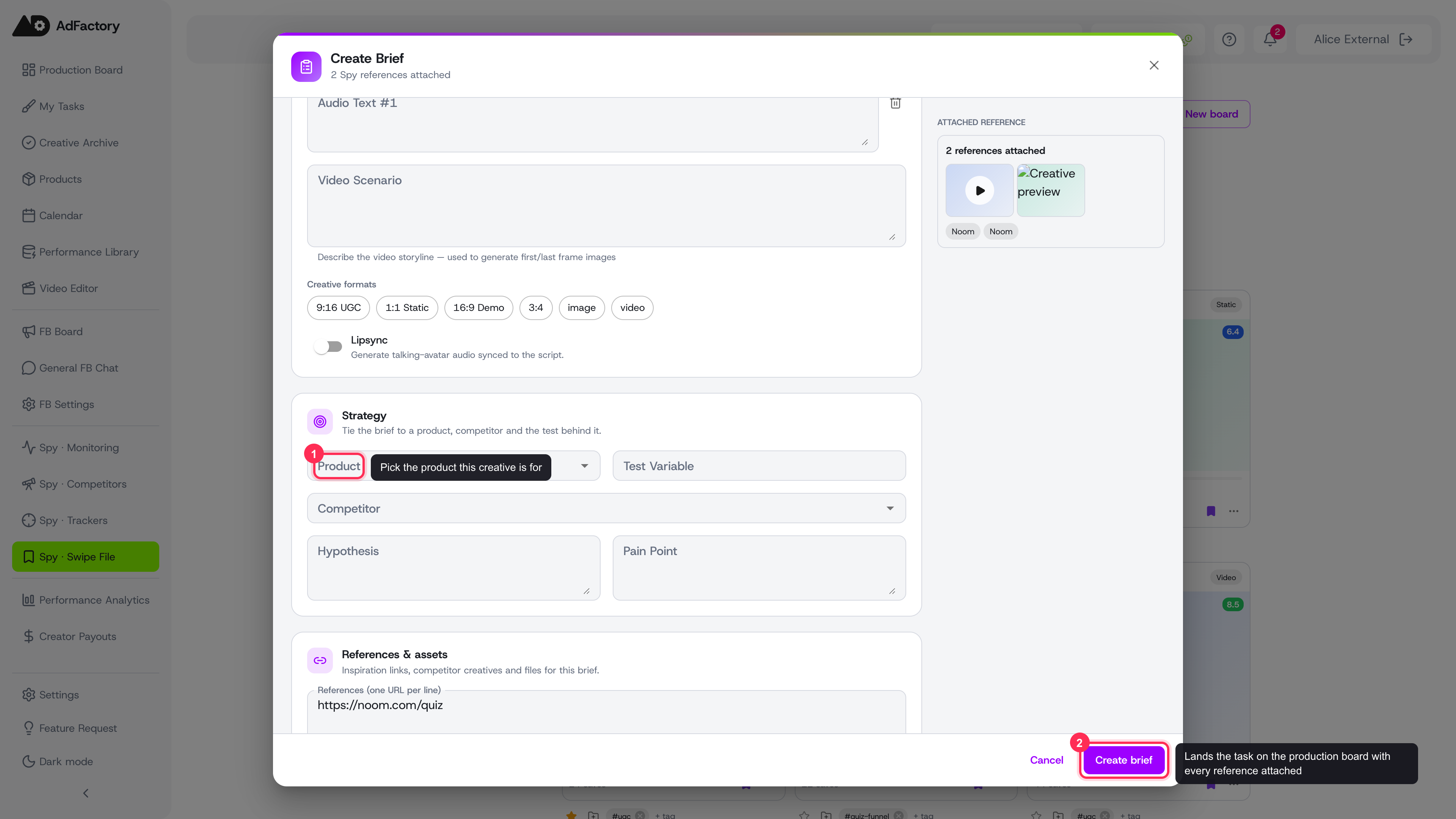 Fill in the product, hypothesis, pain point, and team in the Strategy section, then click Create brief