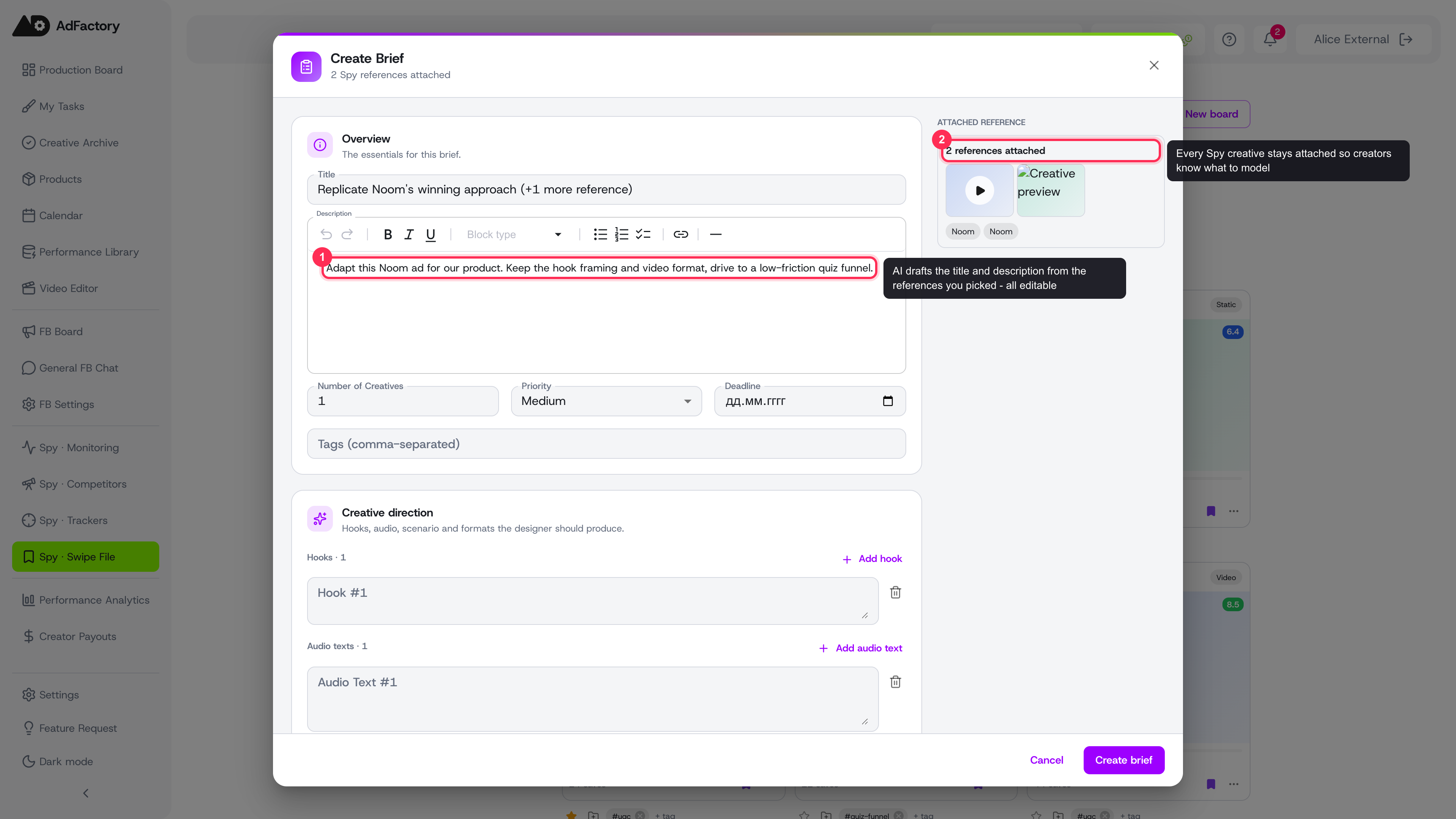 The Create Brief form opens with an AI-drafted title and description, and the attached references panel on the right