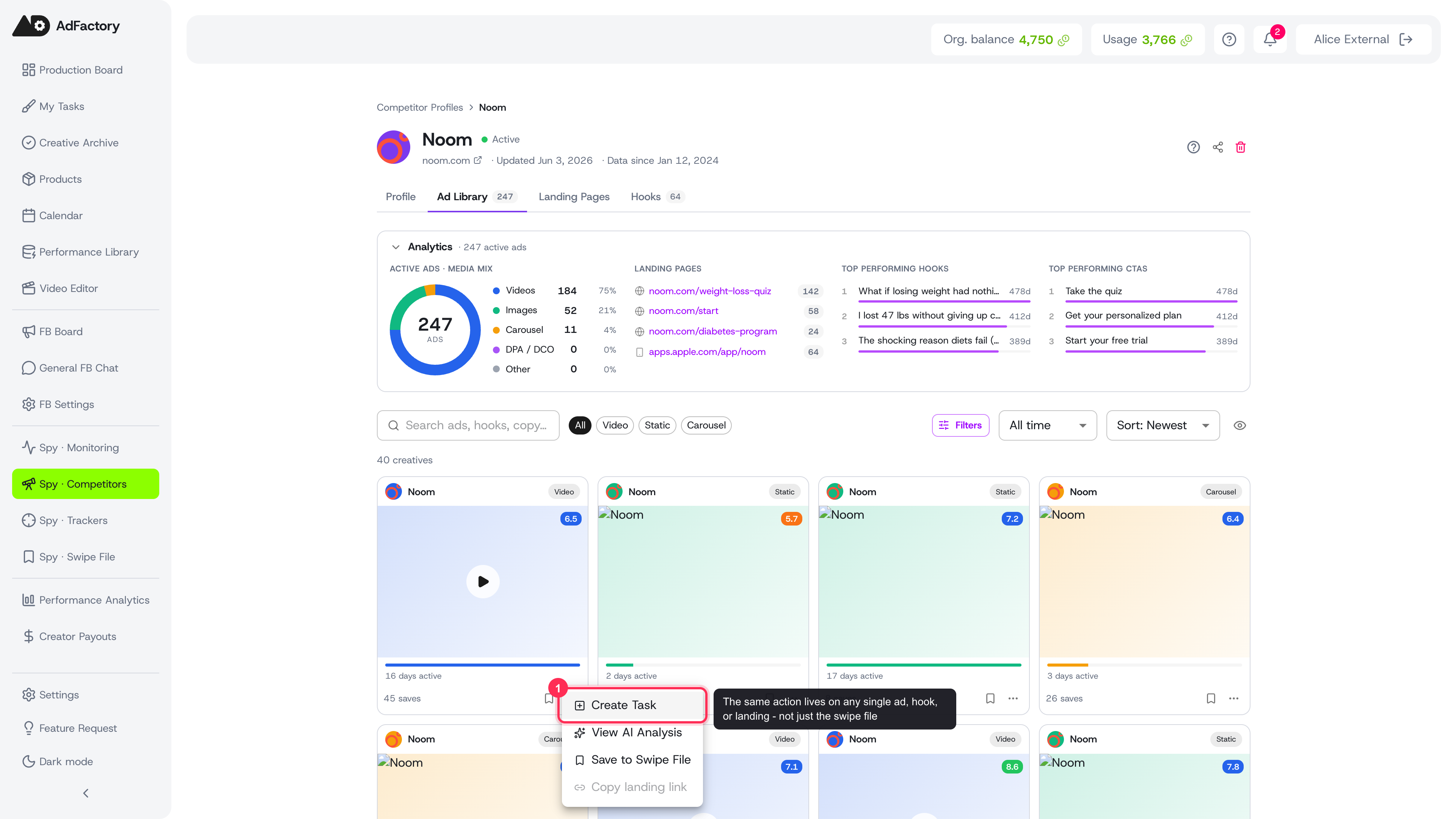 The Create Task action on a single ad in a competitor's Ad Library