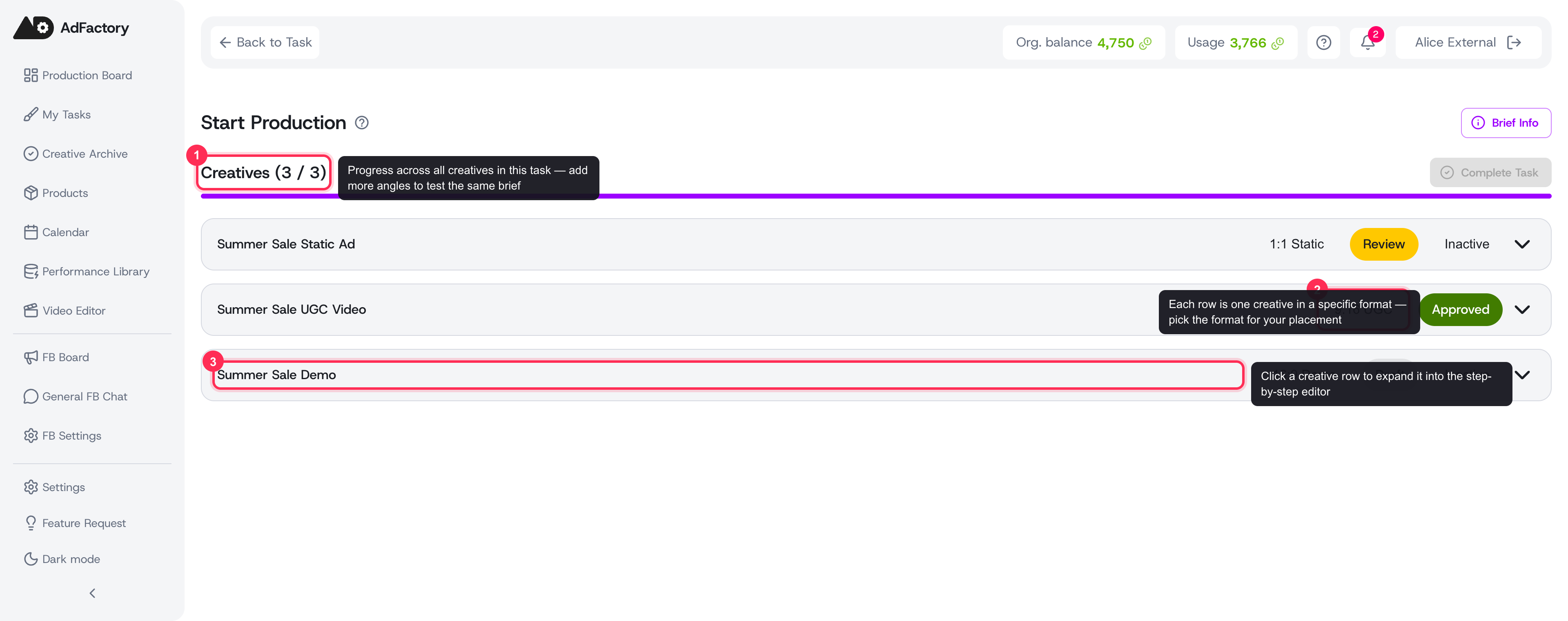 Every creative in the task lives here, each tied to a format; click a row to open its editor