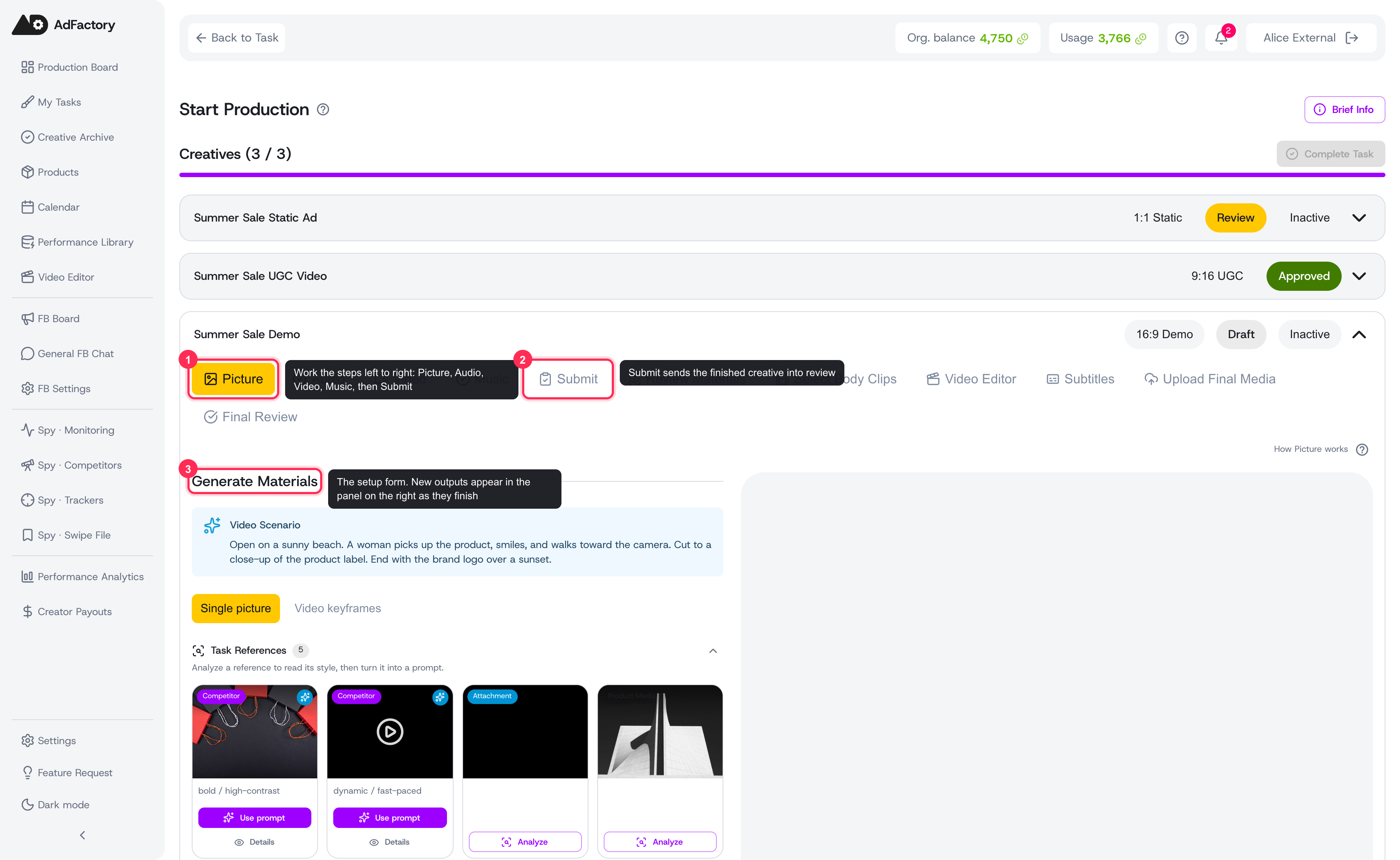 The creative opens into a step-by-step editor: a setup form on one side and your generated materials on the other