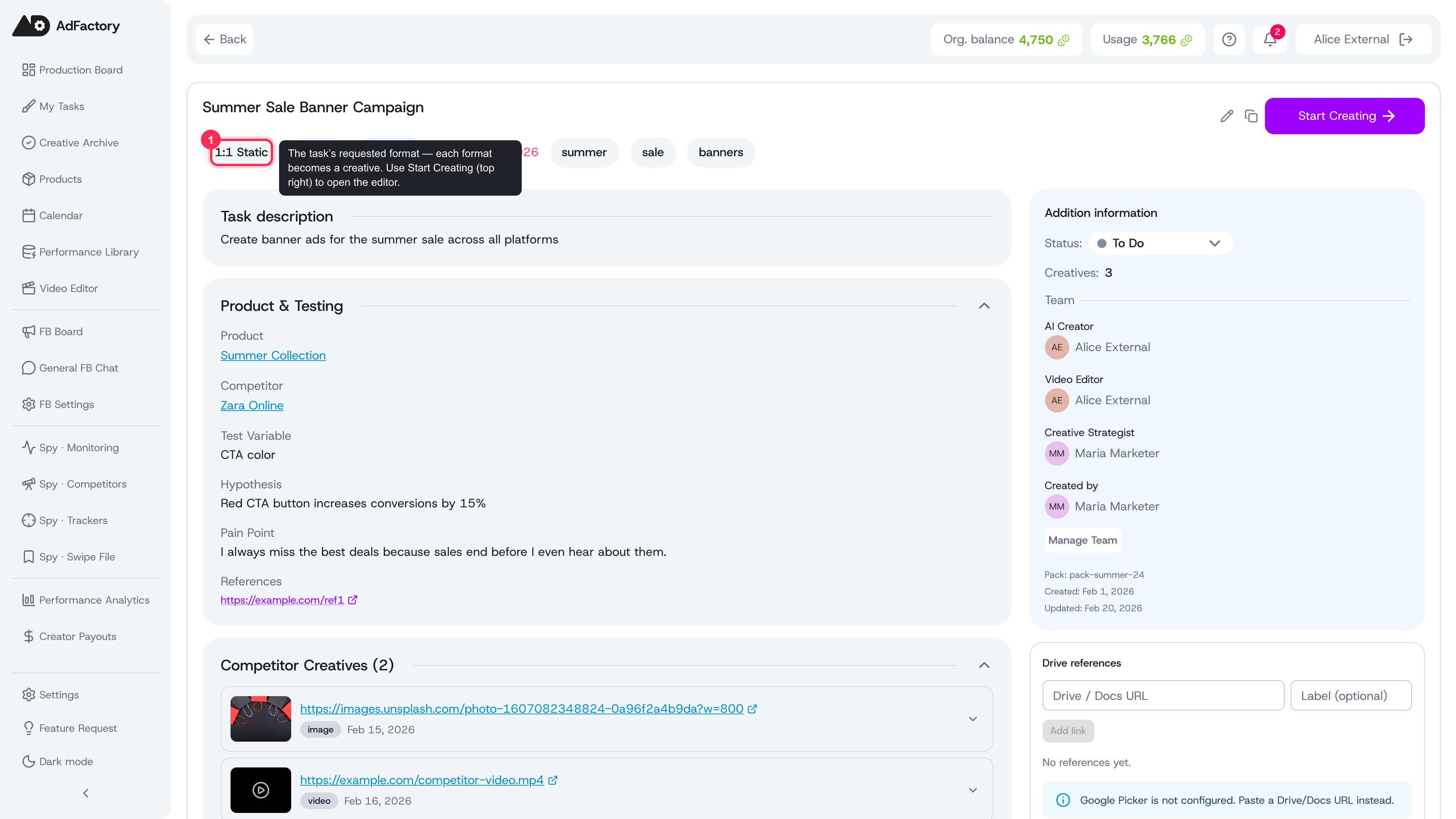 From a task, the requested formats are shown and the Start Creating button opens the editor
