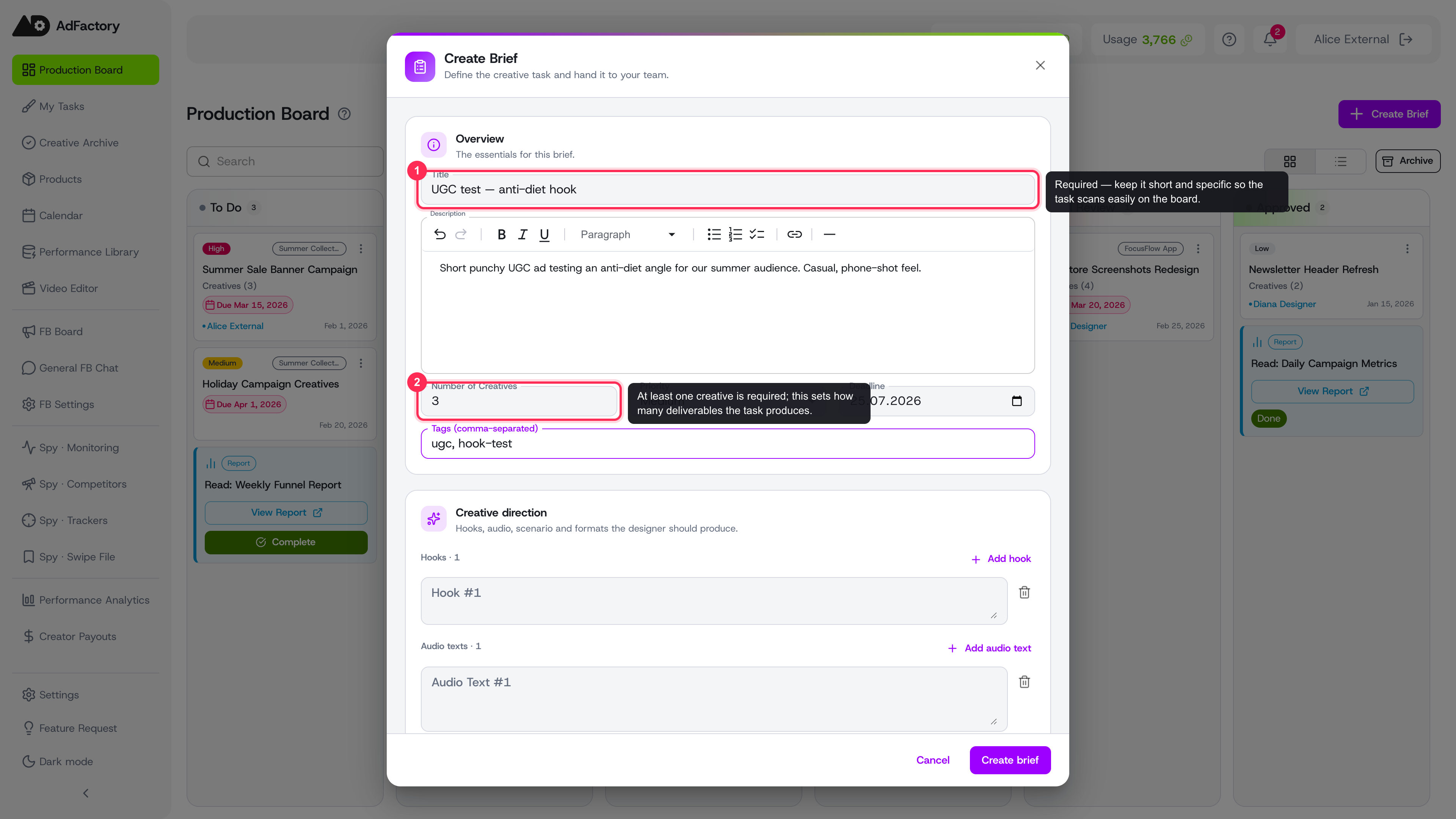 The Create Brief dialog with a filled-in Overview section, only title and number of creatives required