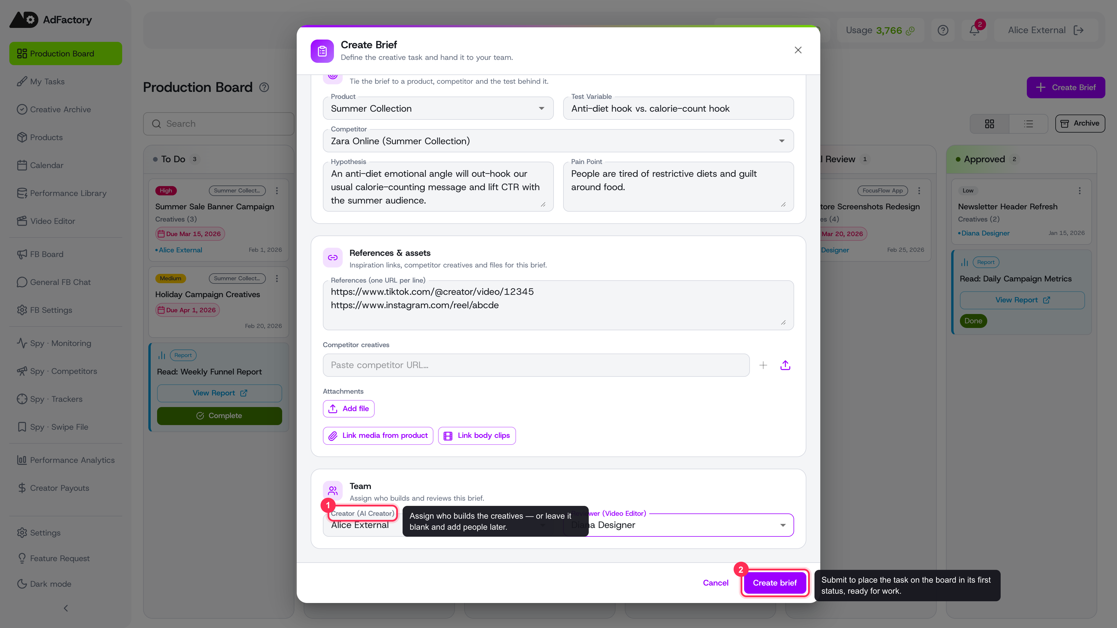 The Team section with a creator and reviewer assigned, and the Create brief button