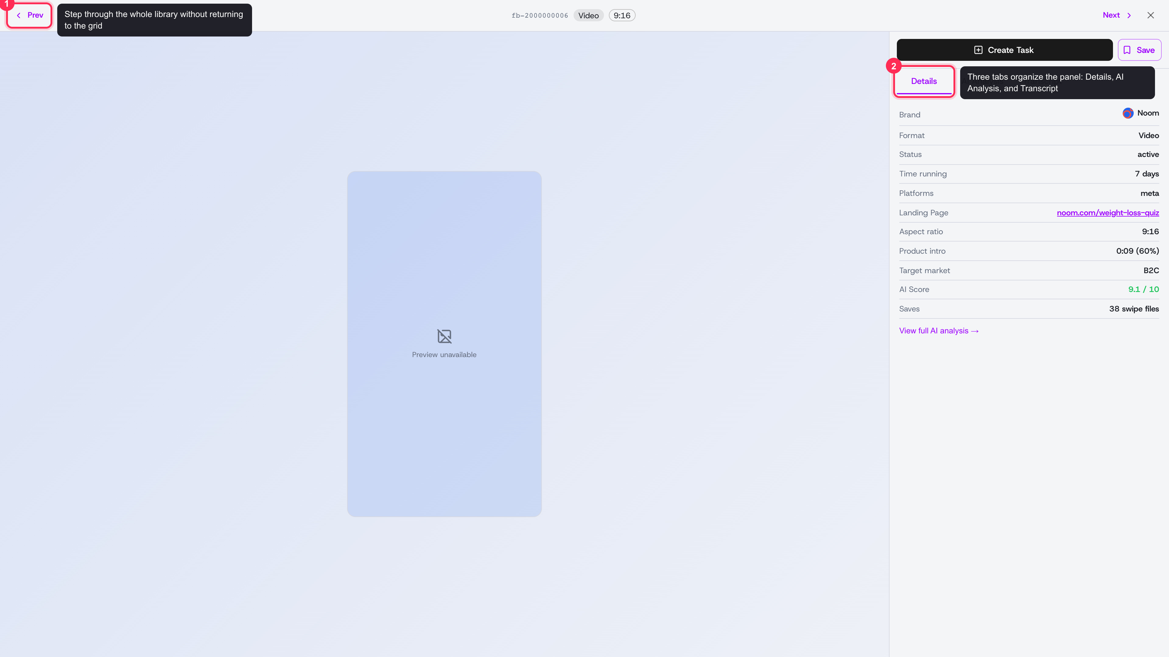 The creative detail view: the ad on the left, a three-tab analysis panel on the right, with Save and Create Task above