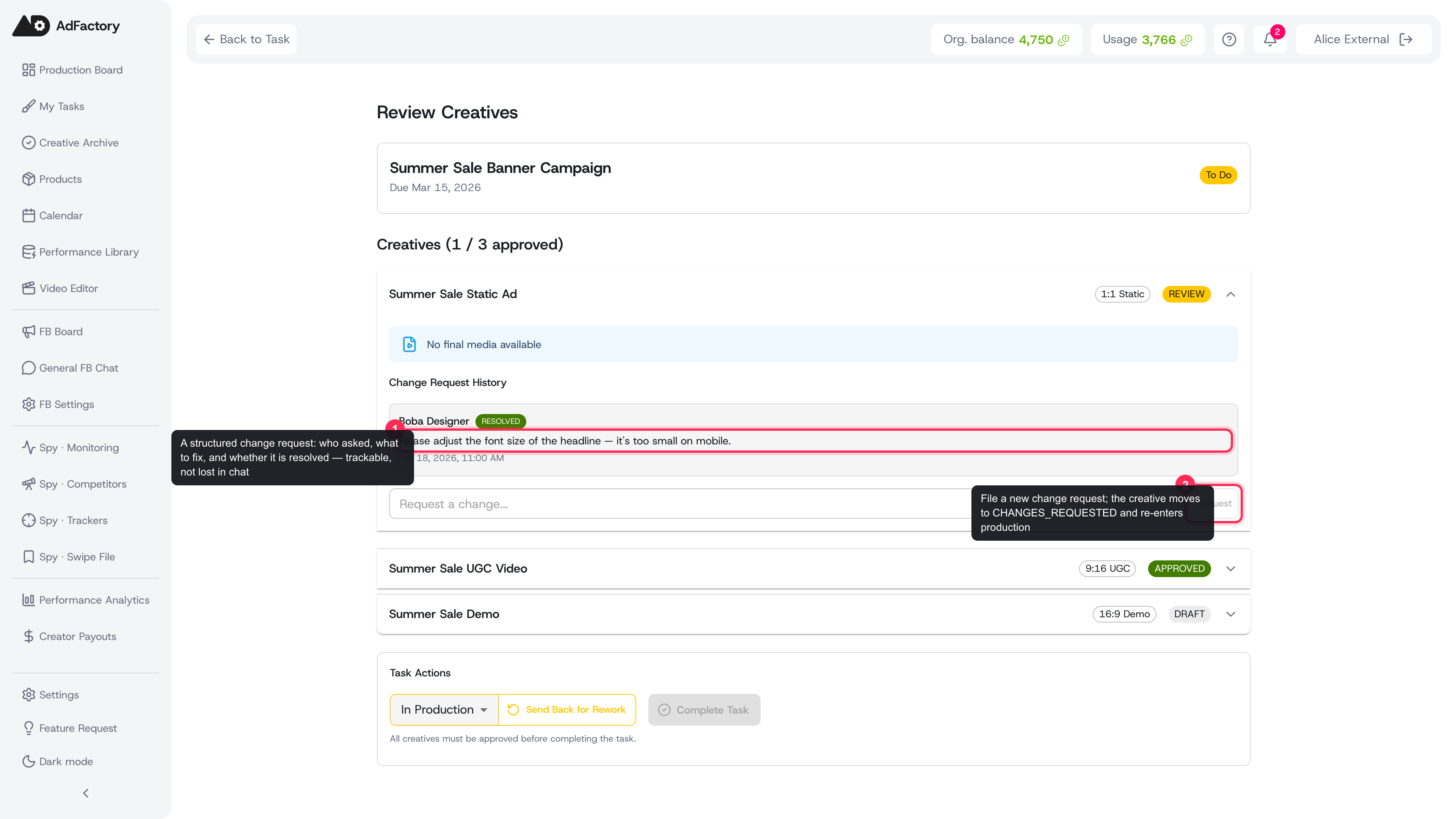 Expanding a creative shows its change-request history and a composer for filing new, trackable notes
