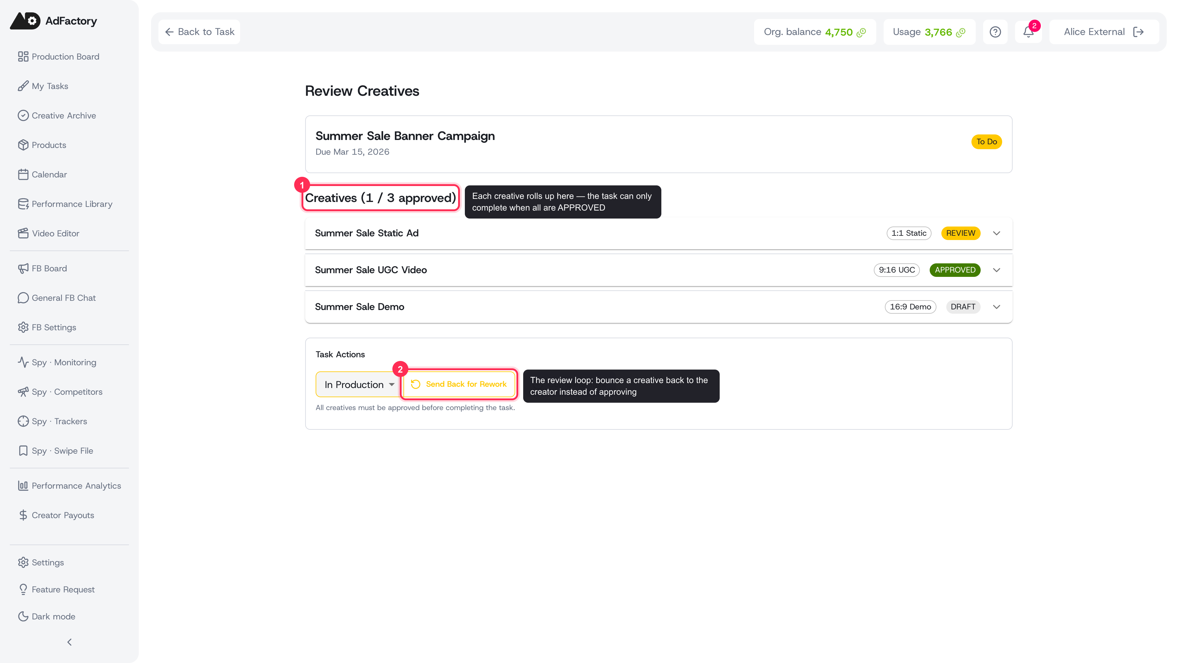 A task's creatives move through the pipeline independently, with mixed statuses rolling up to one task and the reviewer's approve or send-back controls below