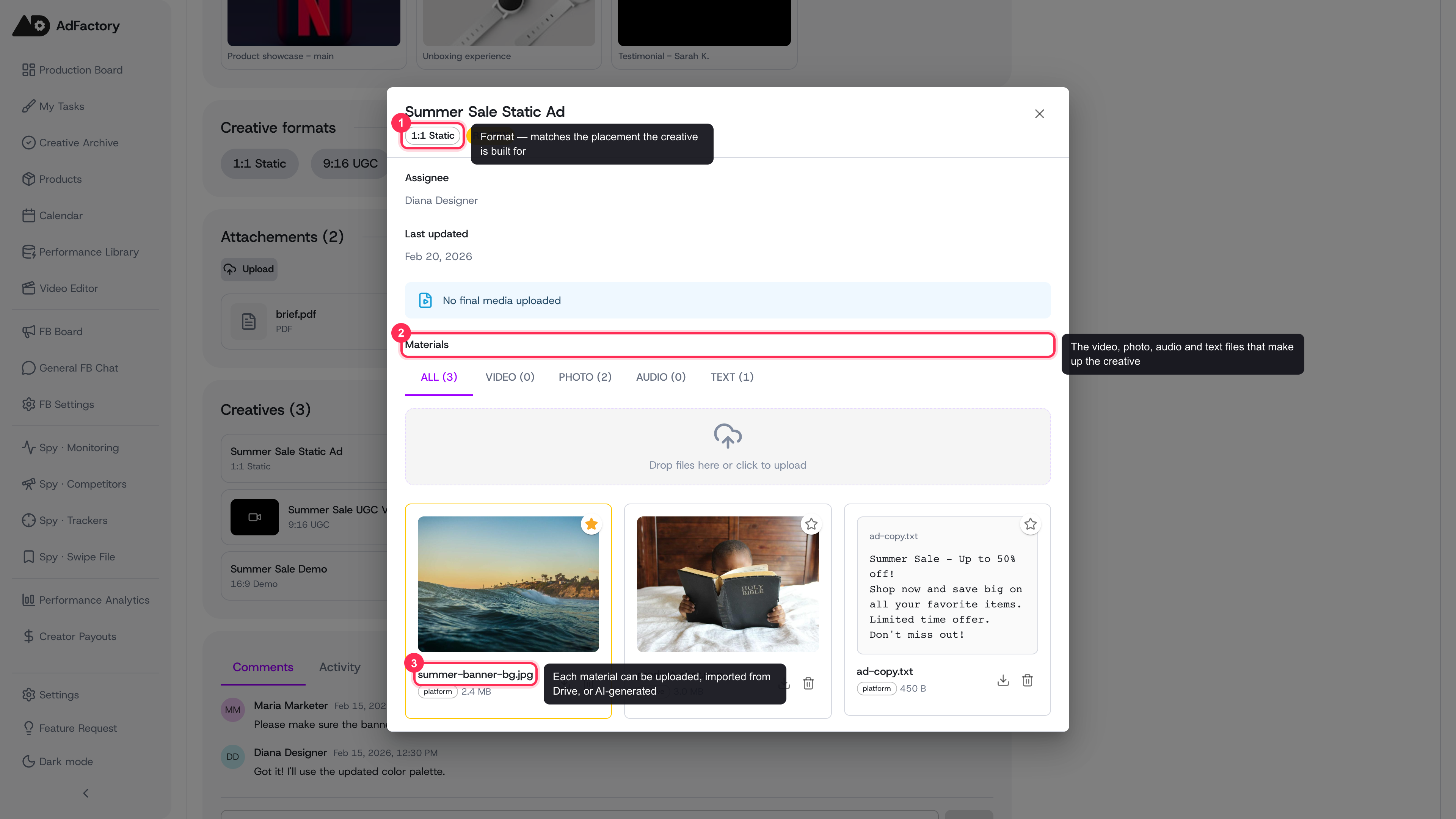 Open a creative to see its format, materials, and status in one place