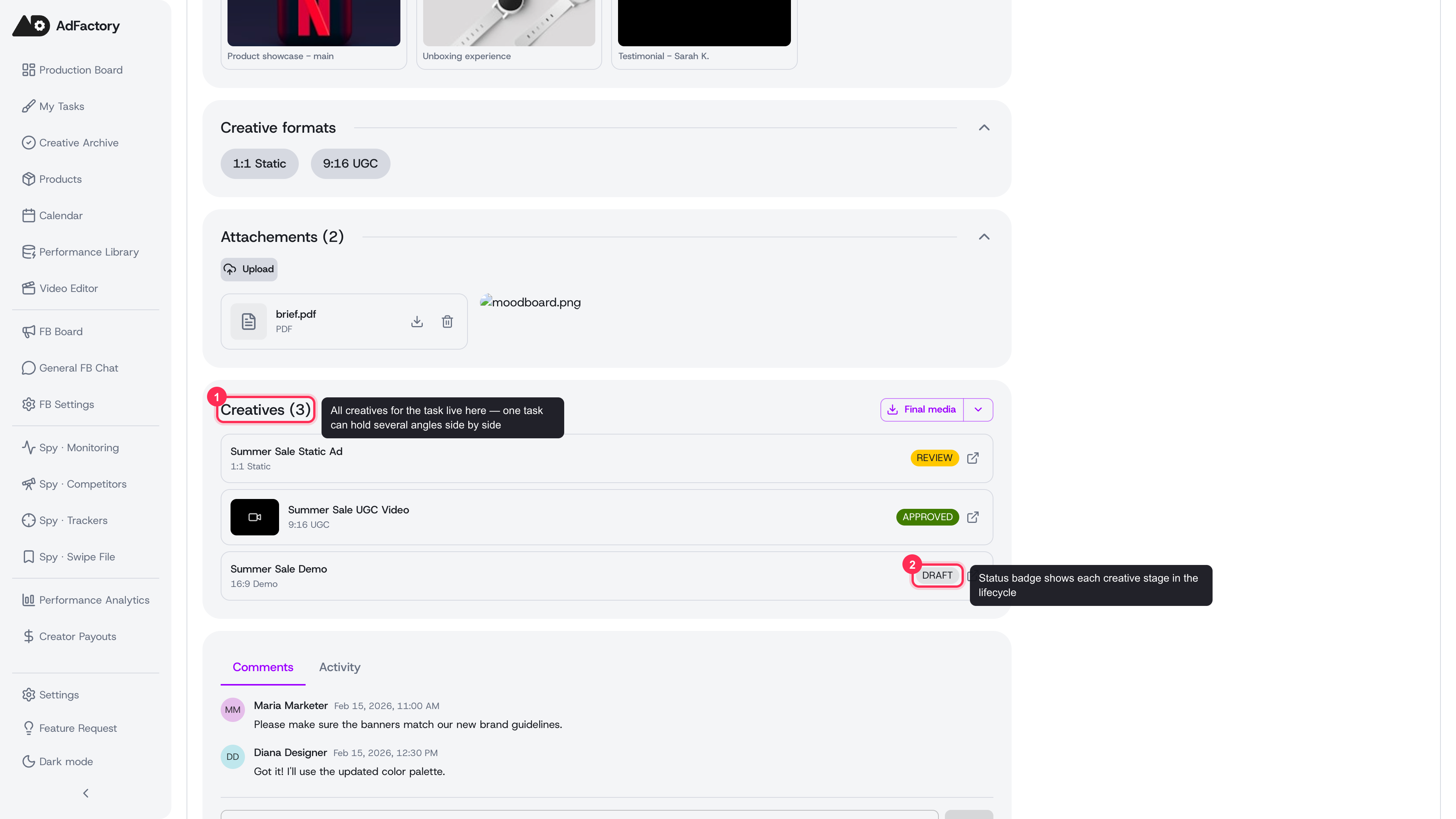 Every task groups its creatives together, each with its own format and status