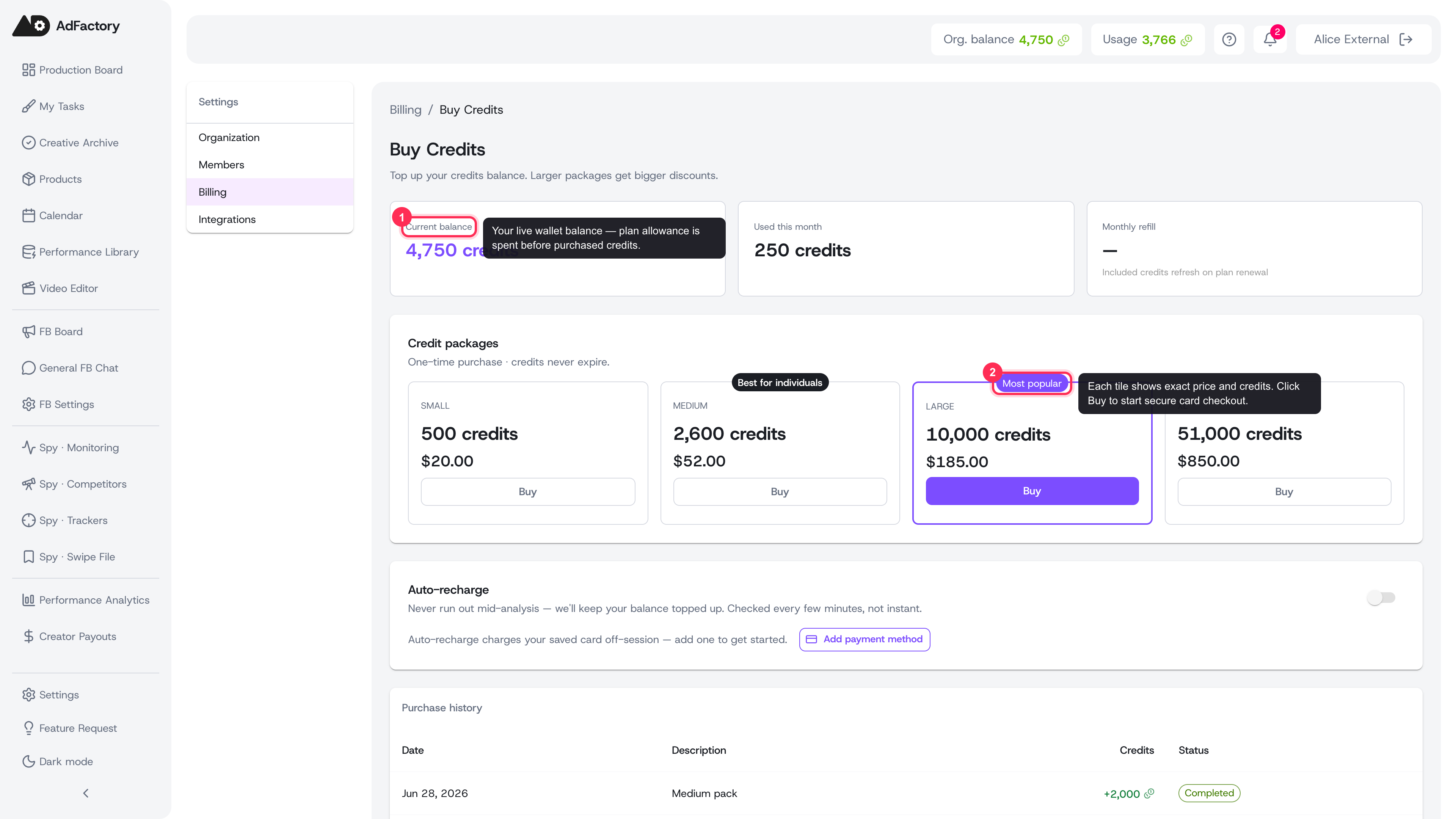 Buy Credits page showing the current balance card and the credit-package tiles, with the Most popular package highlighted