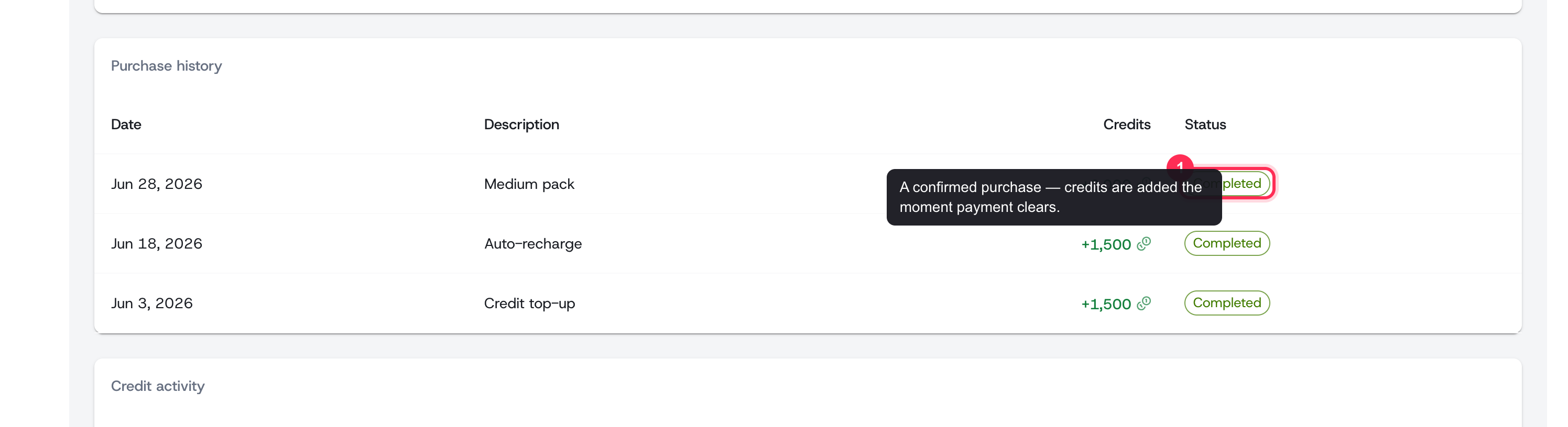 Purchase history table listing each top-up with its date, description, credits, and Completed status