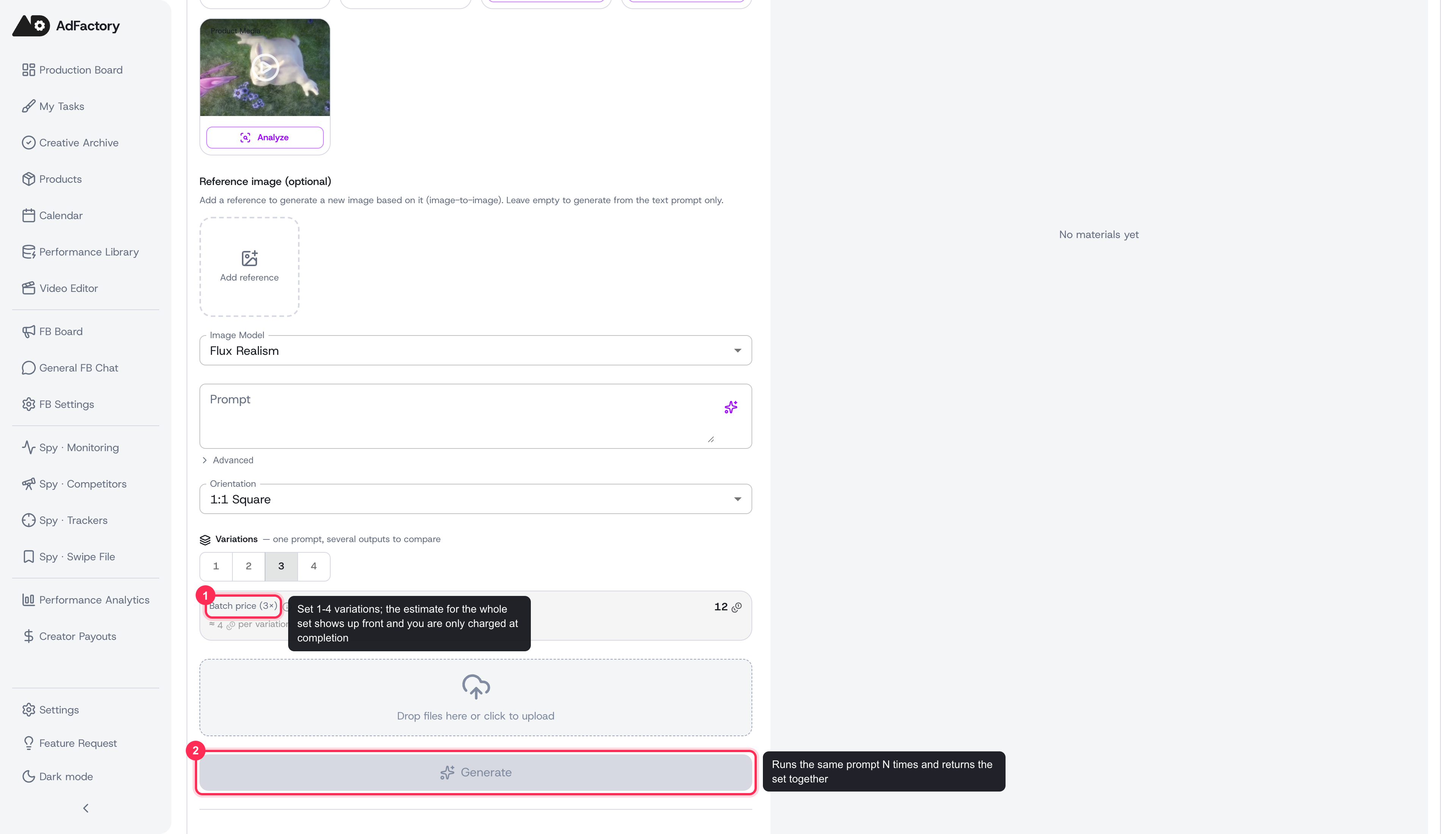 Setting the number of variations and reviewing the total batch cost before generating