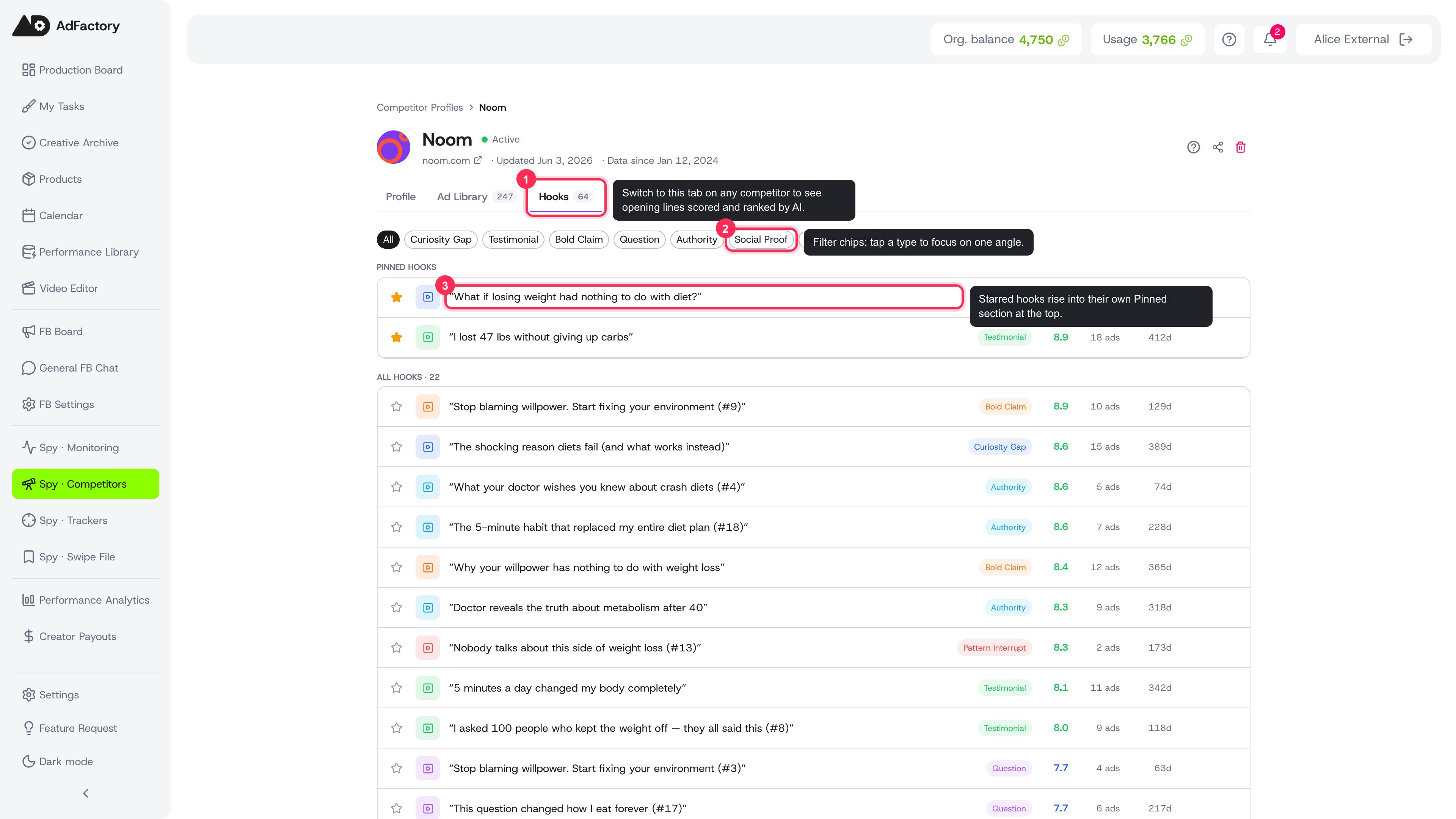 The Hooks tab collects a competitor's opening lines, ranked by AI score, with type-filter chips and a pinned section