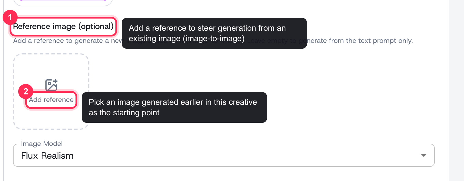 The Reference image (optional) section with Add reference, feeding the chosen image model