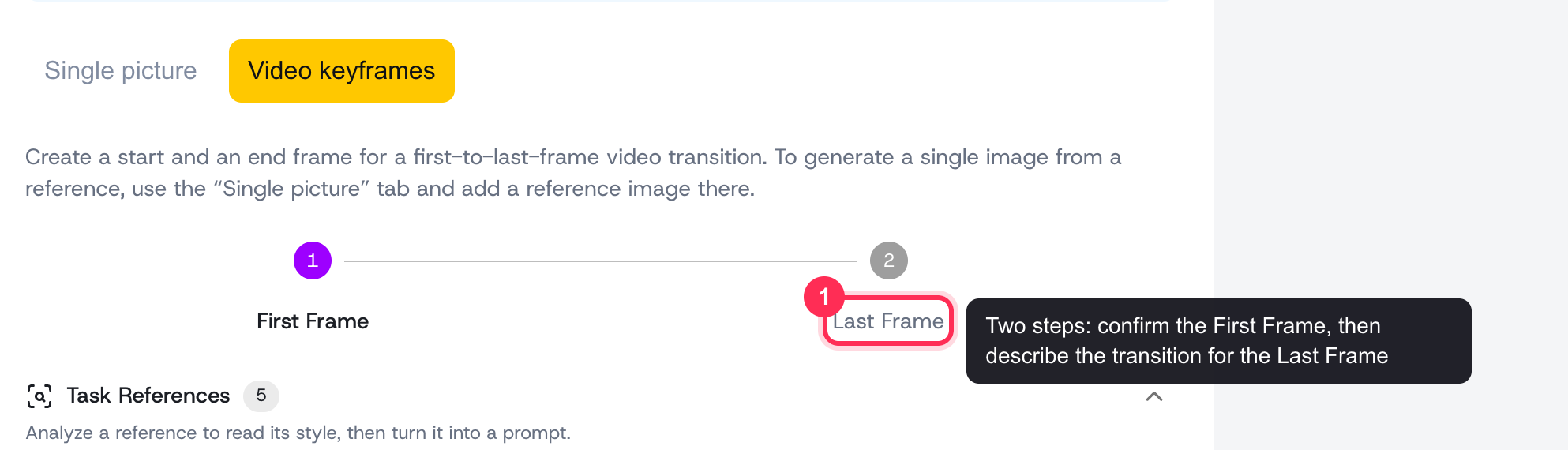 The Video keyframes tab with the First Frame then Last Frame two-step flow