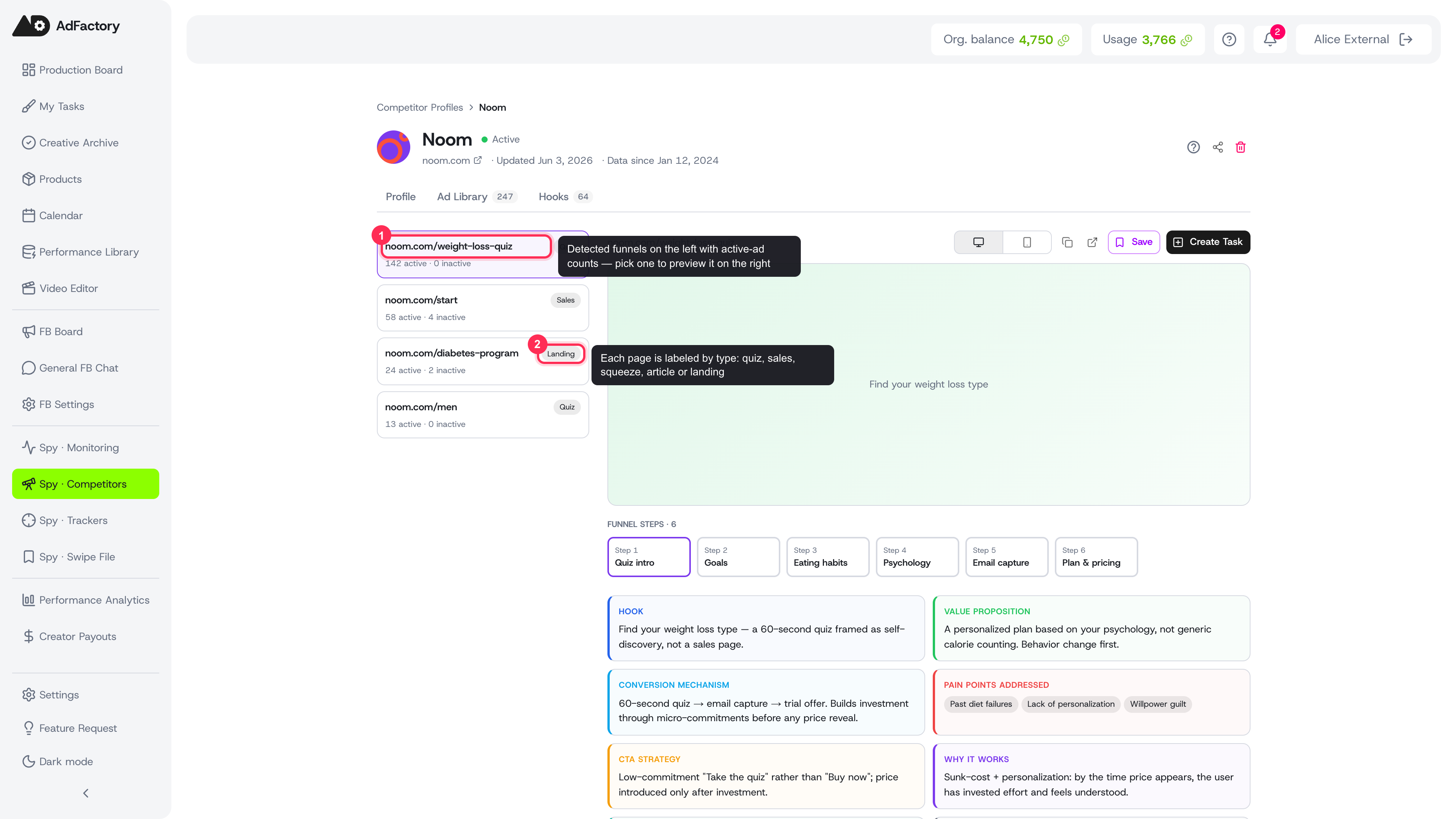 The Landing Pages view lists a competitor's detected funnels on the left, labeled by type and active-ad count, with the selected page's preview and AI funnel analysis on the right