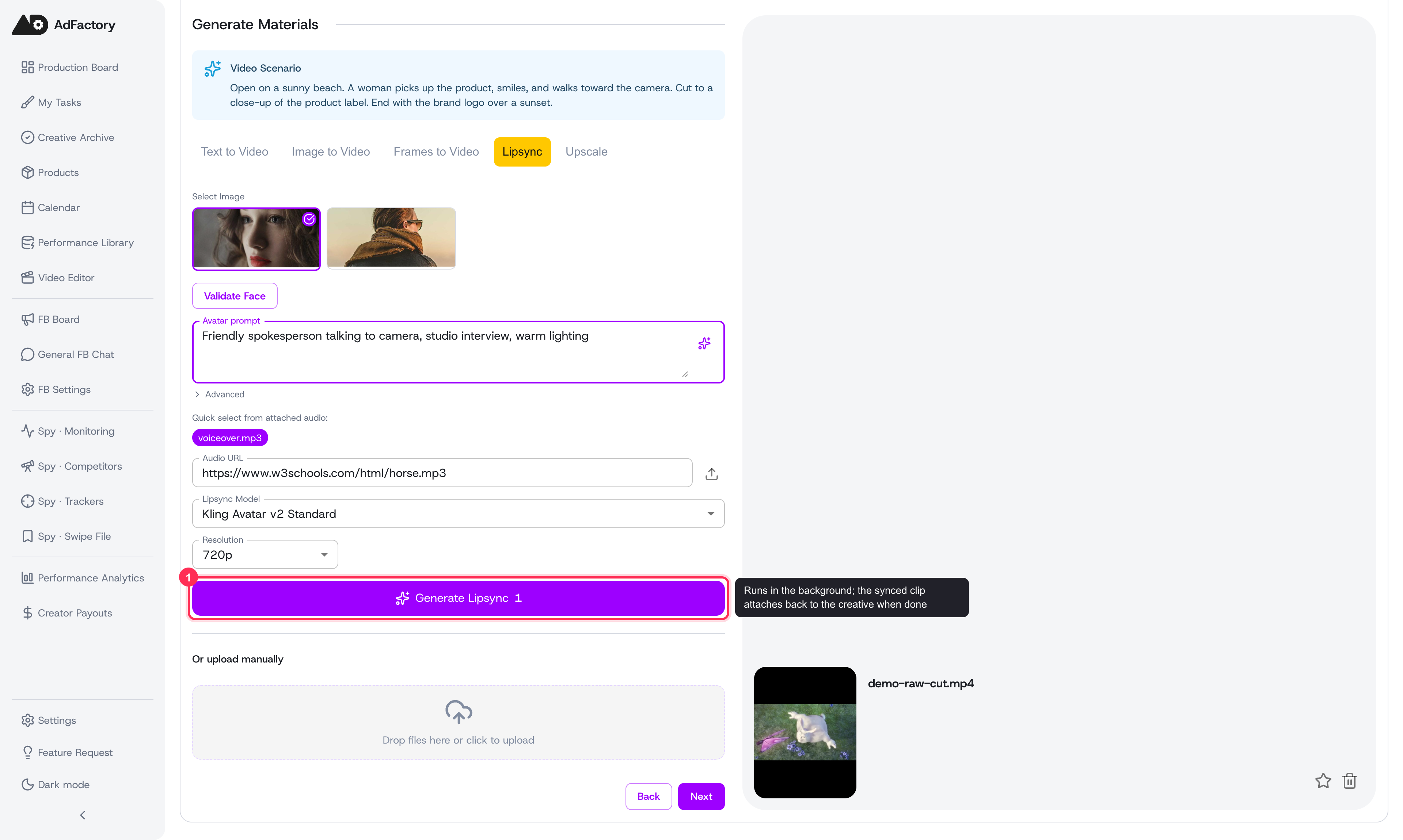 Choose your audio, add an avatar prompt, pick a model and resolution, then click Generate Lipsync
